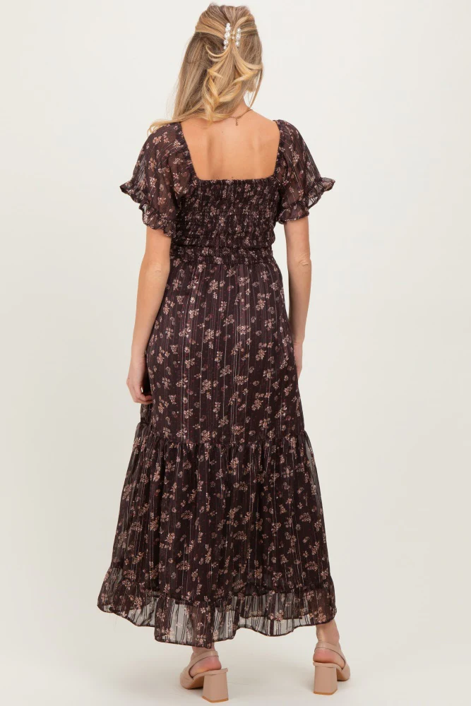 Brown Floral Stripe Twist Front Cutout Maternity Maxi Dress - Image 5