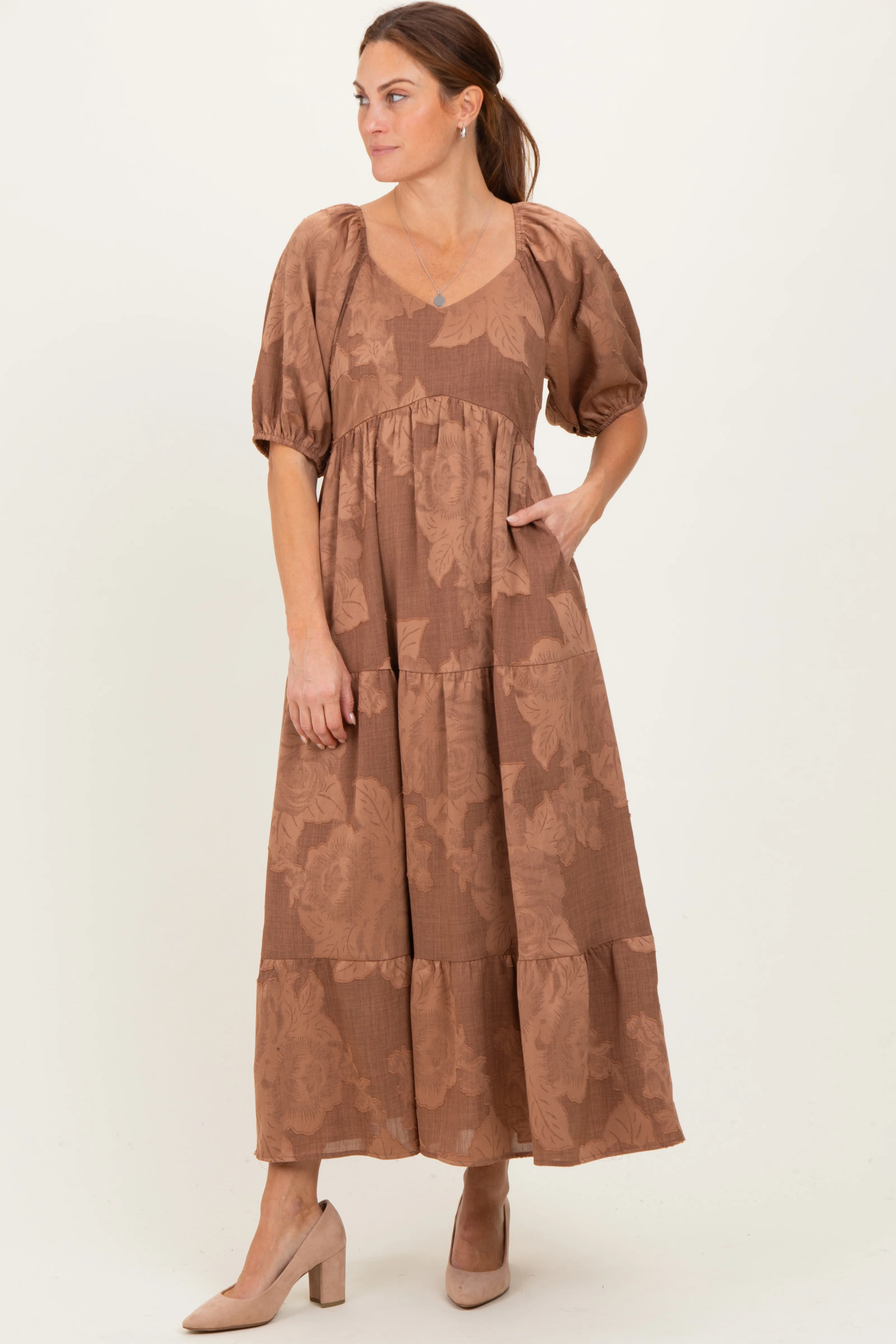 Brown Floral Textured Tiered Midi Dress