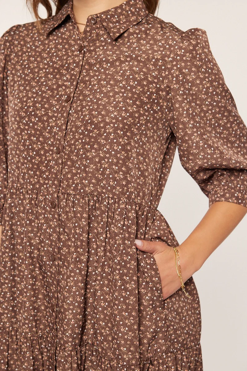 Brown Floral Tiered Shirt Midi Dress - Image 4
