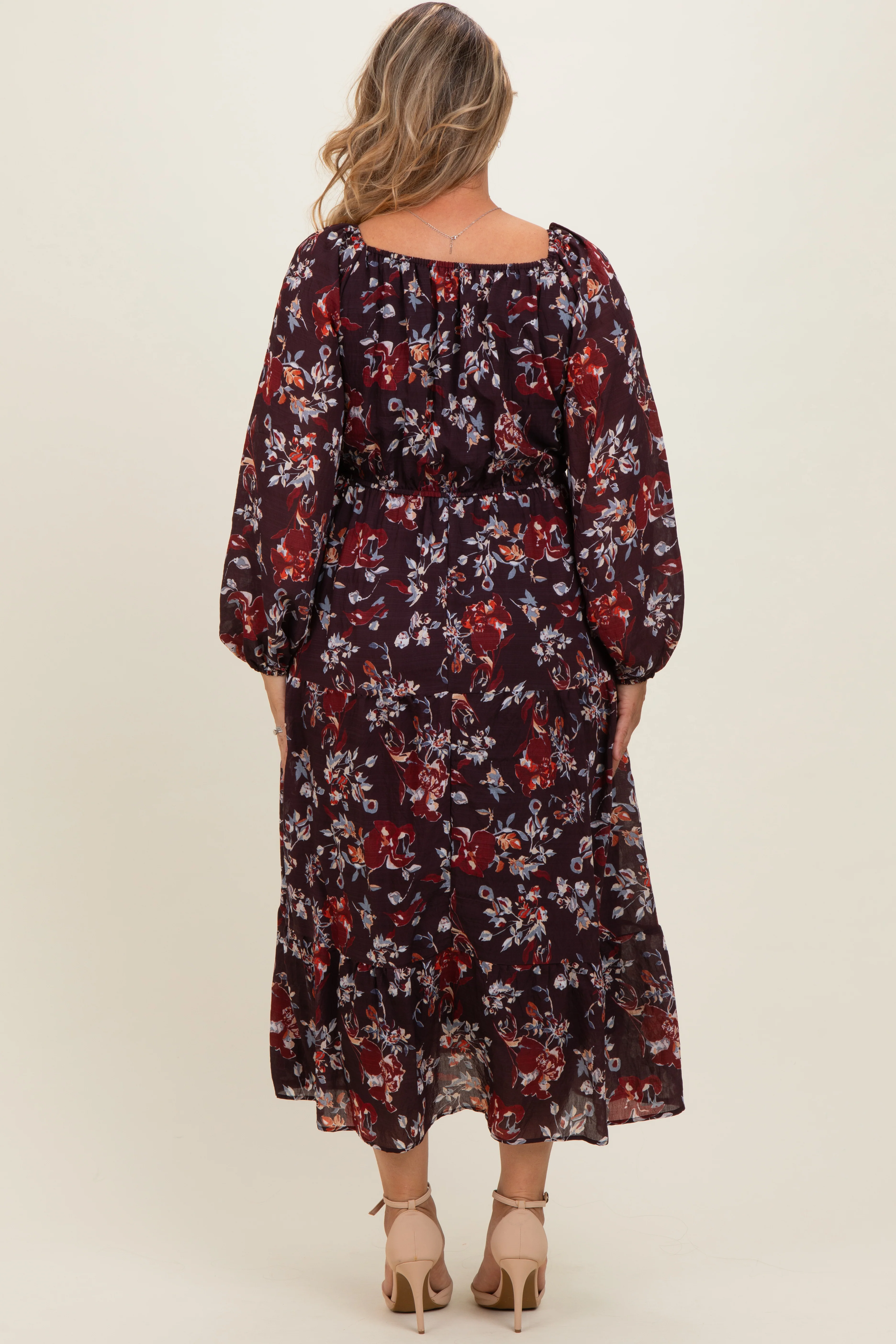 Brown Floral V-Neck Bubble Sleeve Maternity Maxi Dress - Image 3