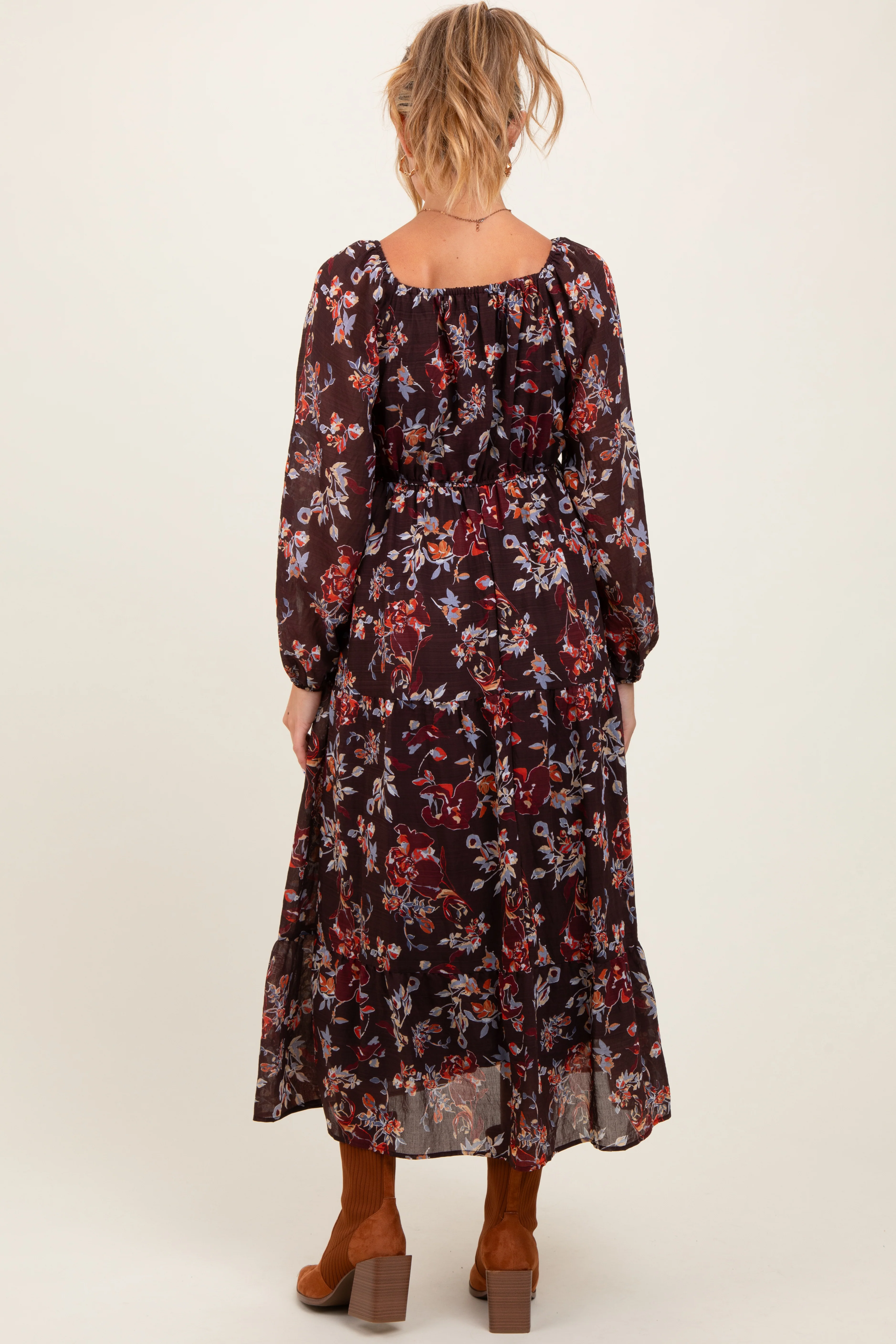 Brown Floral V-Neck Bubble Sleeve Maternity Maxi Dress - Image 3