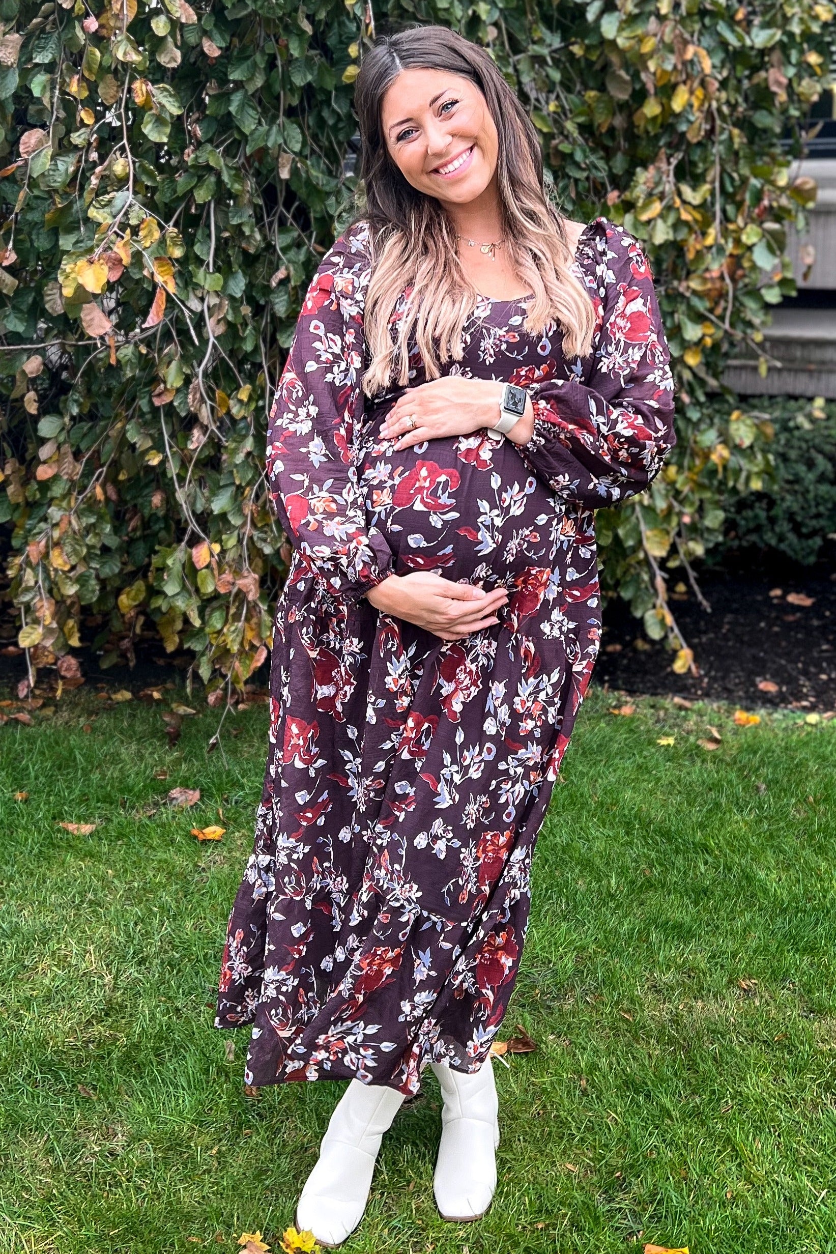 Brown Floral V-Neck Bubble Sleeve Maternity Maxi Dress - Image 4