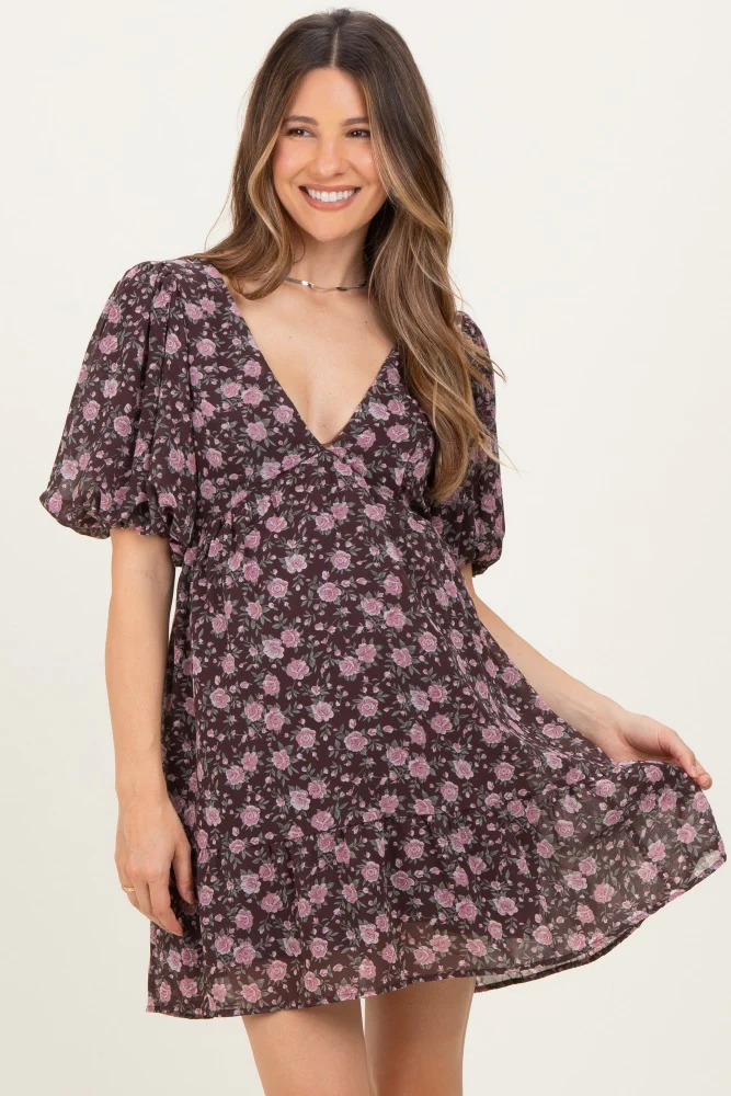 Brown Floral V-Neck Maternity Mini Dress - Image 2