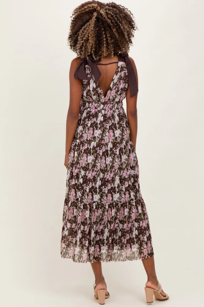 Brown Floral V-Neck Shoulder Tie Maternity Midi Dress - Image 4