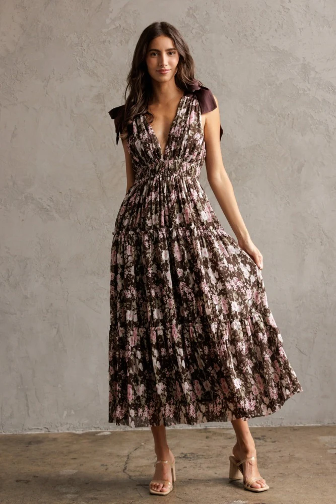 Brown Floral V-Neck Shoulder Tie Maternity Midi Dress - Image 5