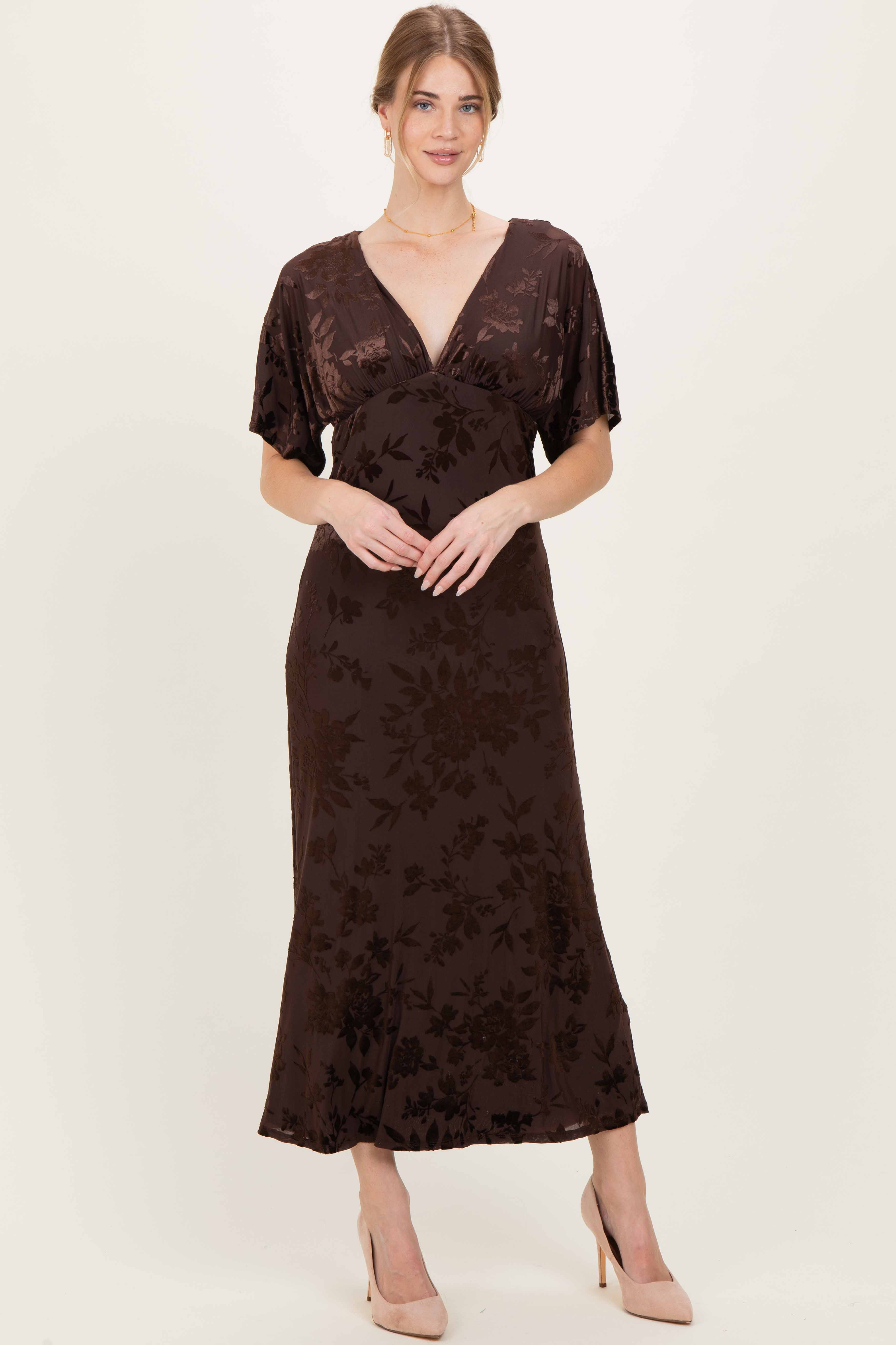Brown Floral Velvet V-Neck Short Sleeve Maternity Maxi Dress - Image 4