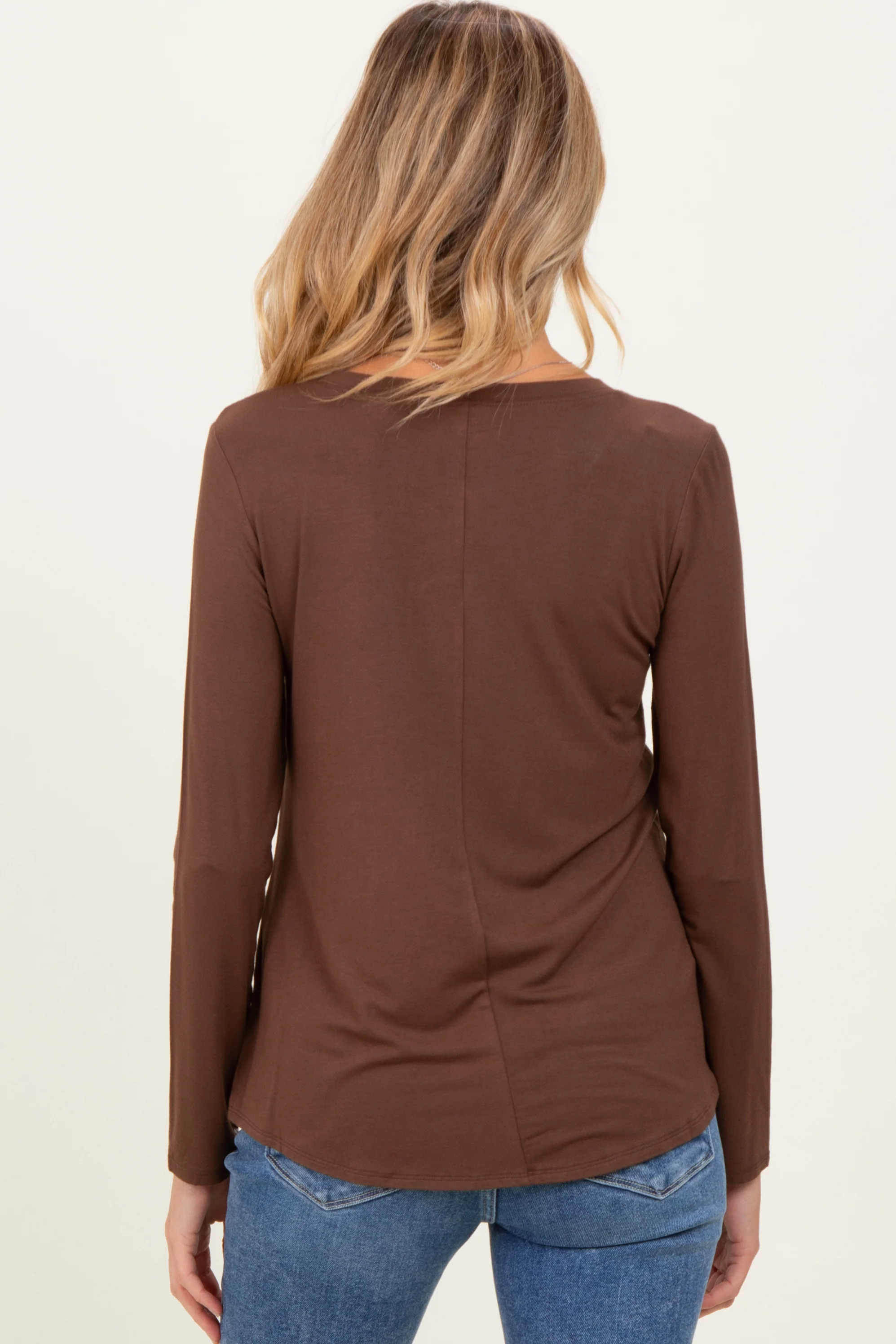 Brown Flowy Round Hem Maternity Long Sleeve Top - Image 3