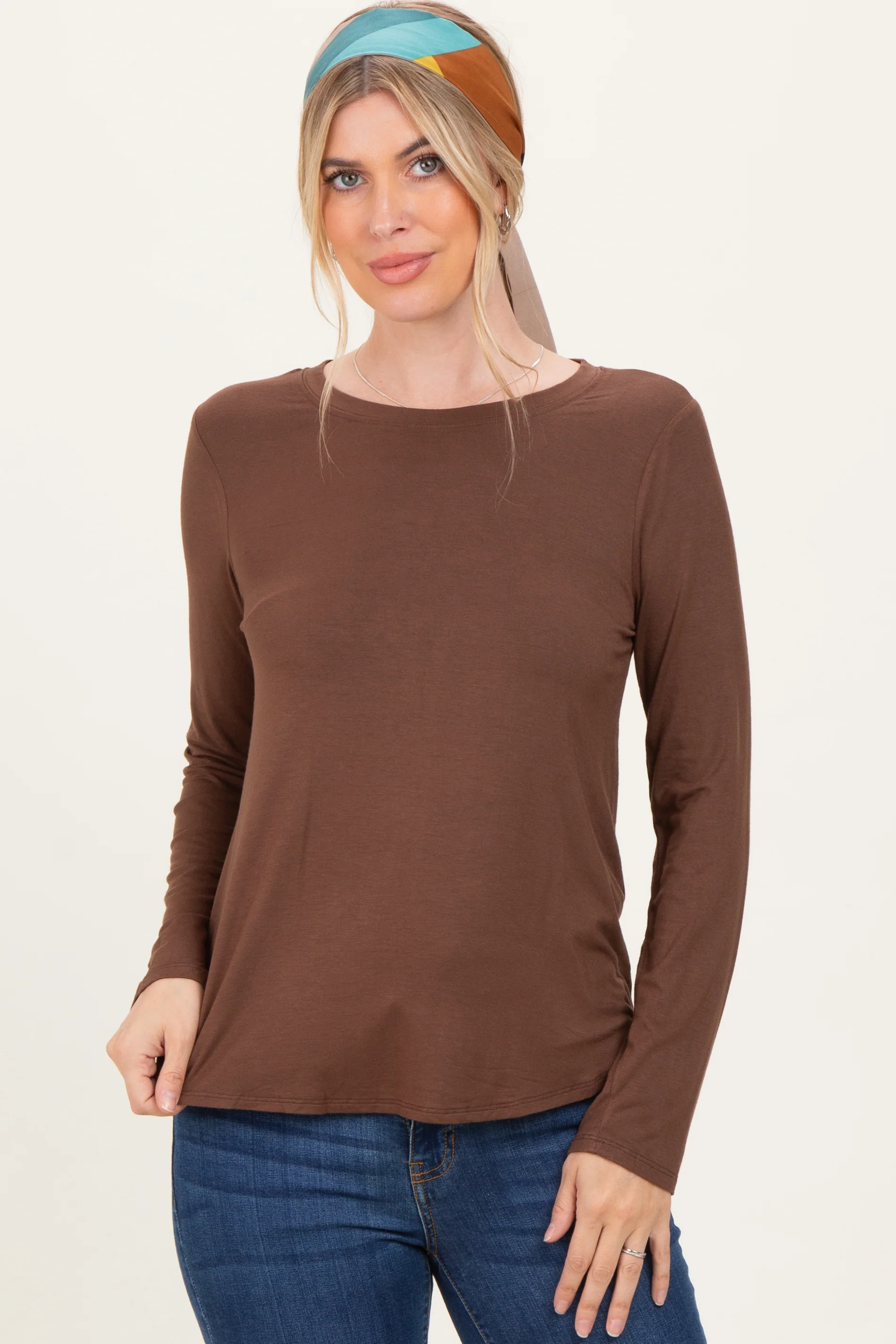 Brown Flowy Round Hem Maternity Long Sleeve Top - Image 8