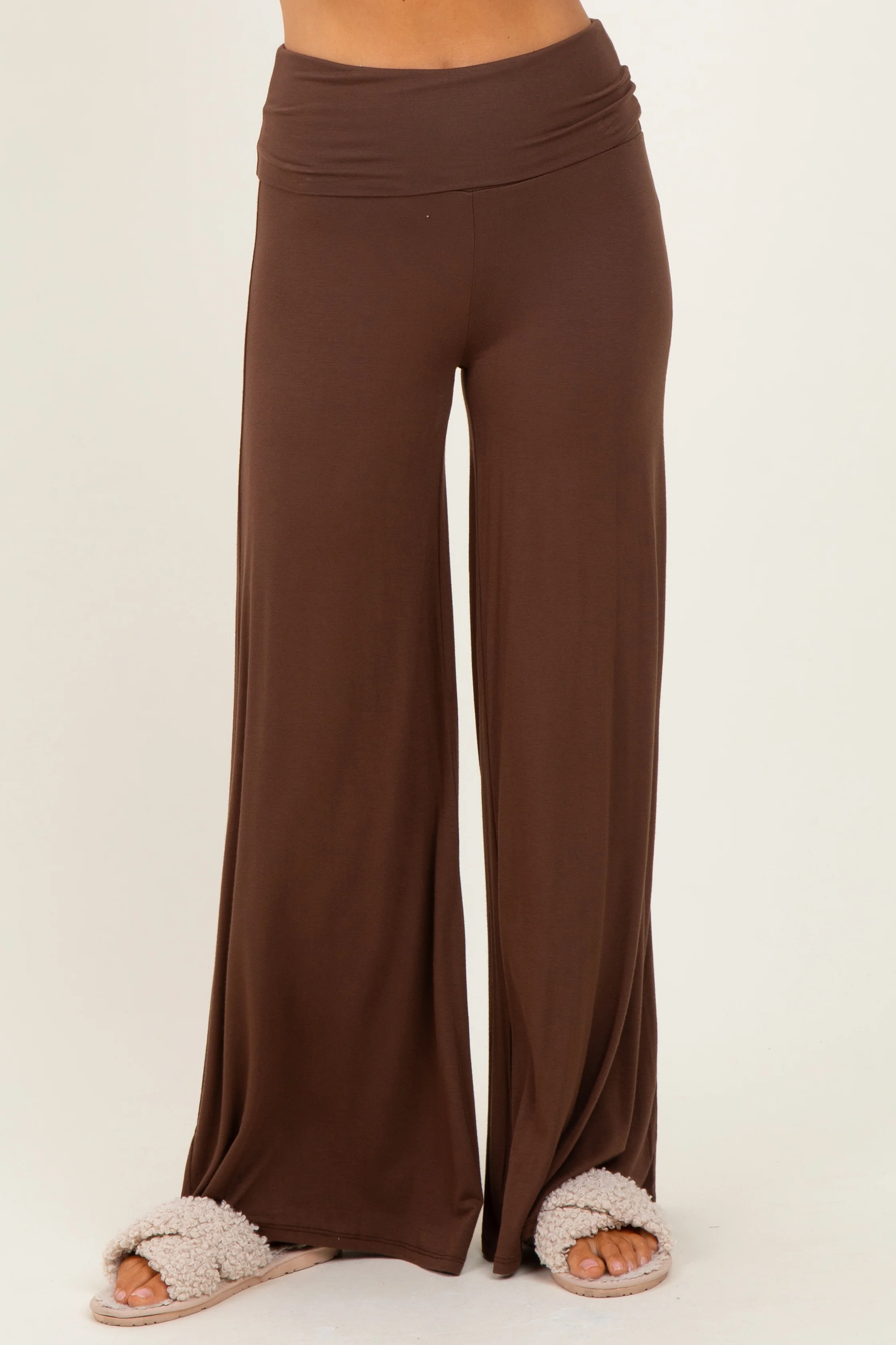 Brown Fold Over Waist Wide Leg Lounge Pants - Image 2