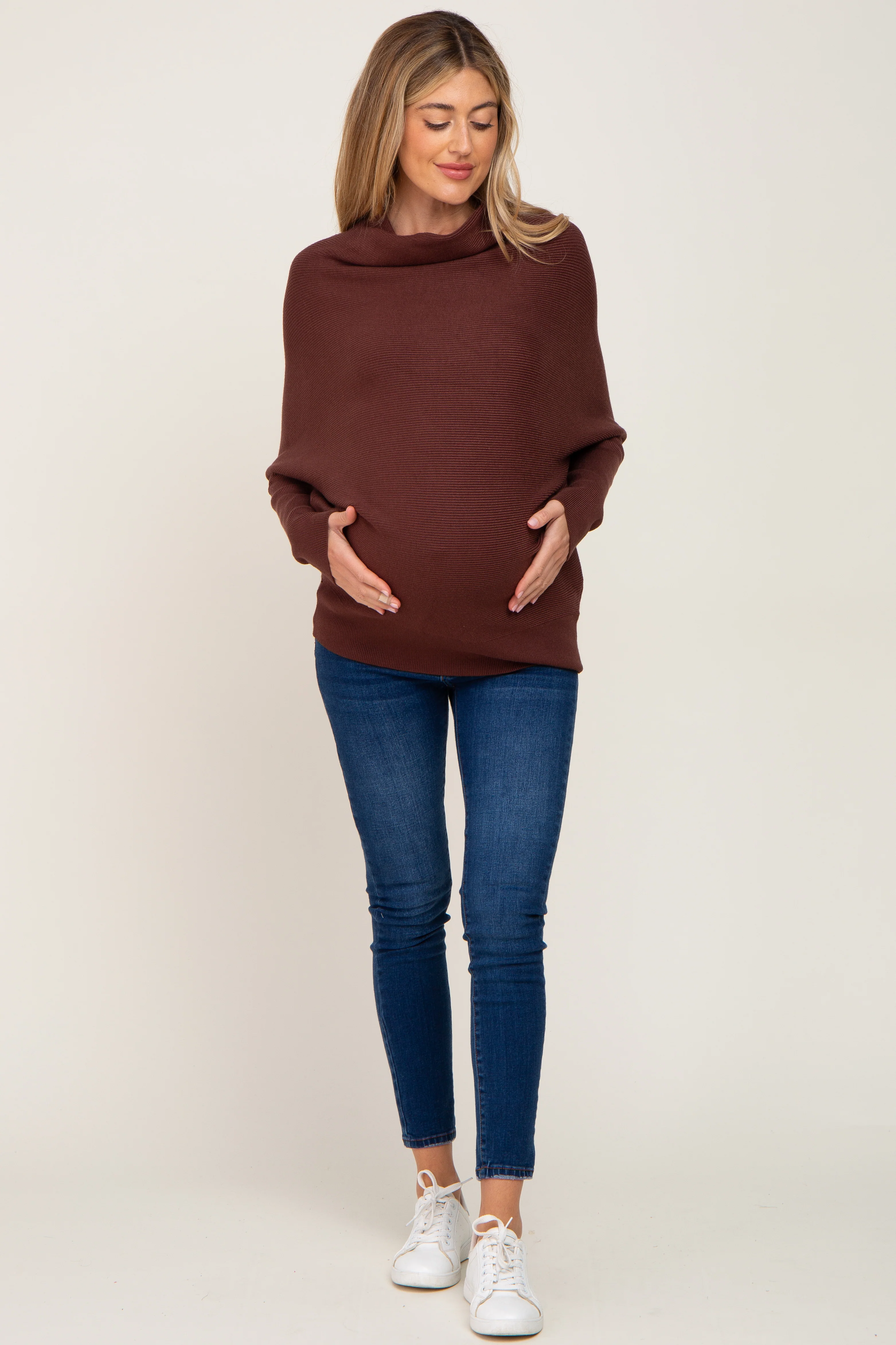 Brown Funnel Neck Dolman Sleeve Maternity Sweater - Image 4