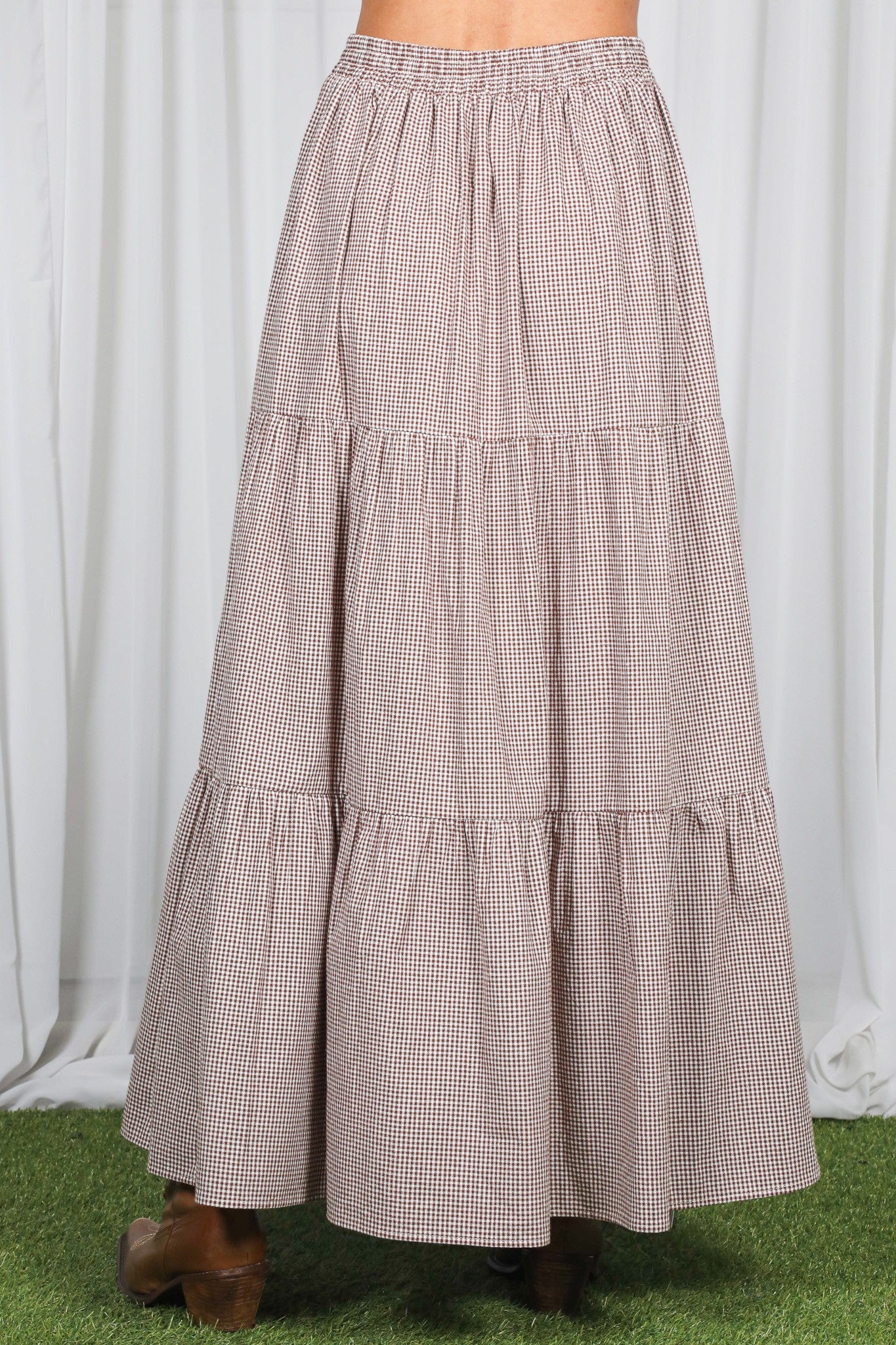 Brown Gingham Tiered Maxi Skirt - Image 4