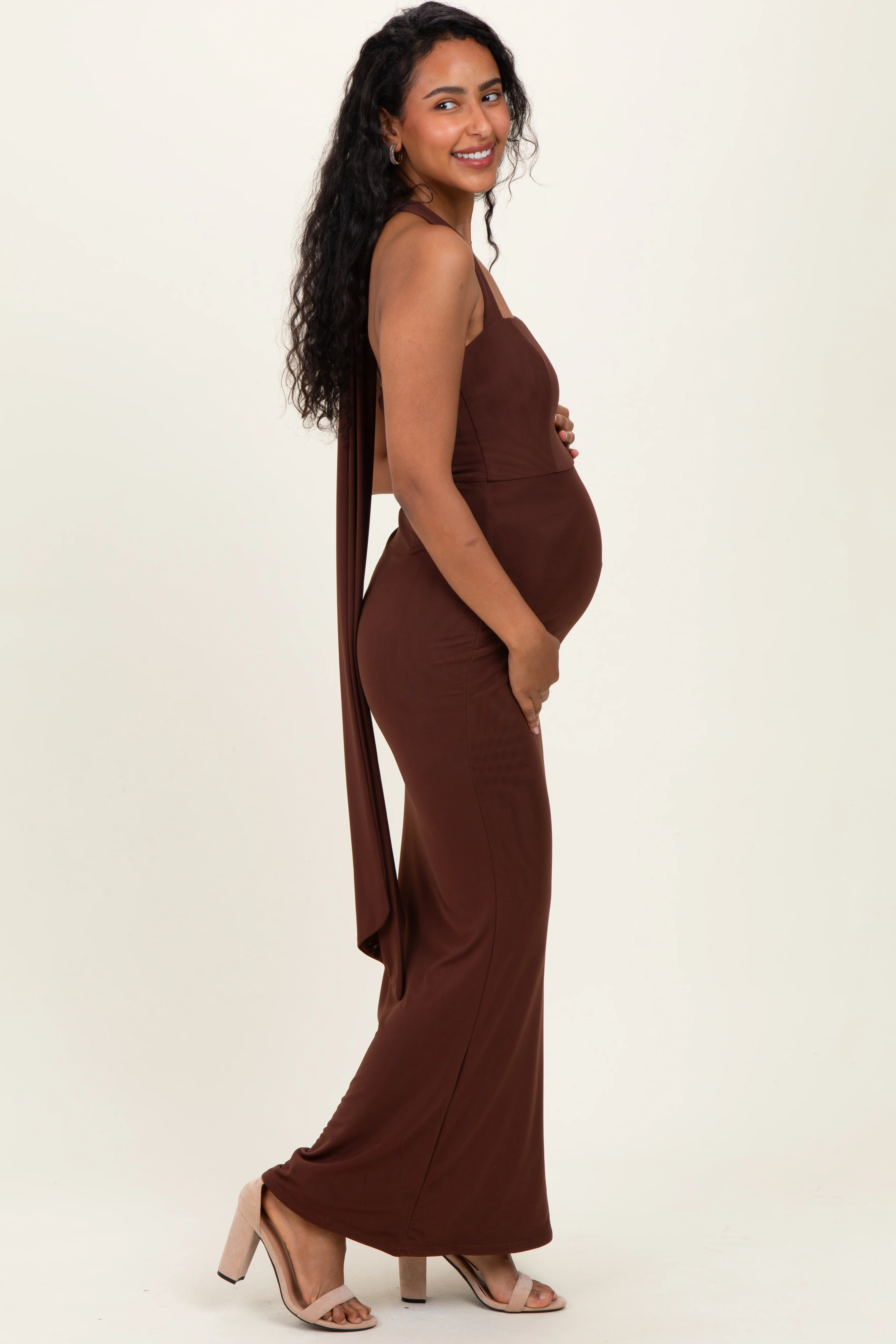 Brown Halter Neck Maternity Maxi Dress - Image 3