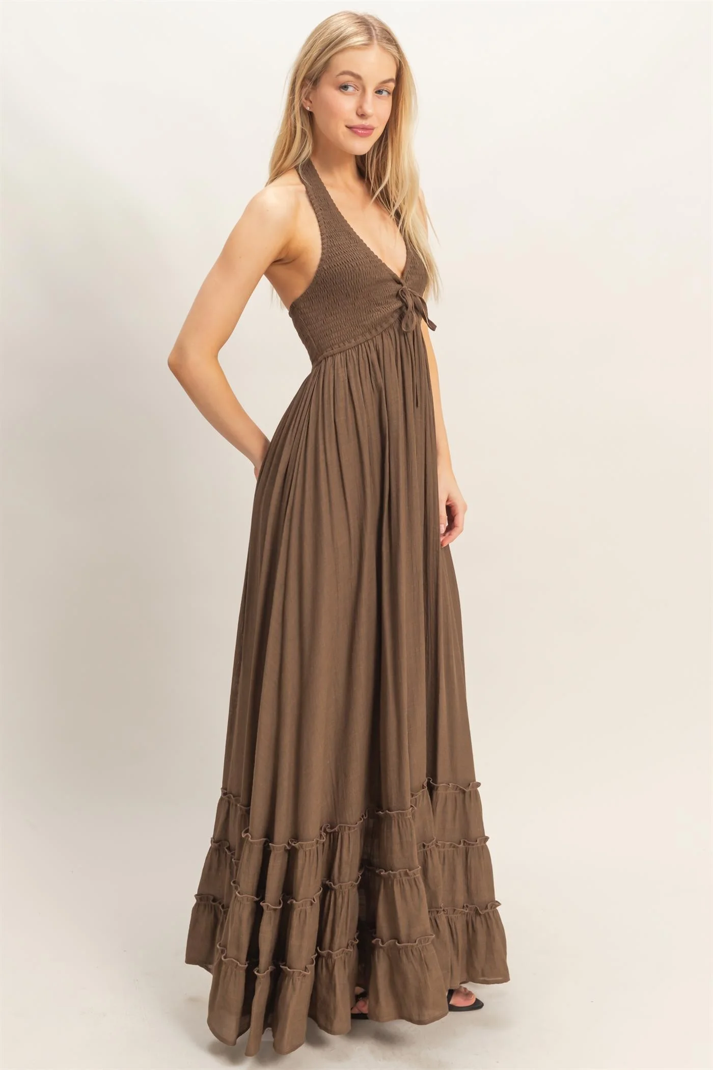 Brown Halter Neck Smocked Maxi Dress - Image 3