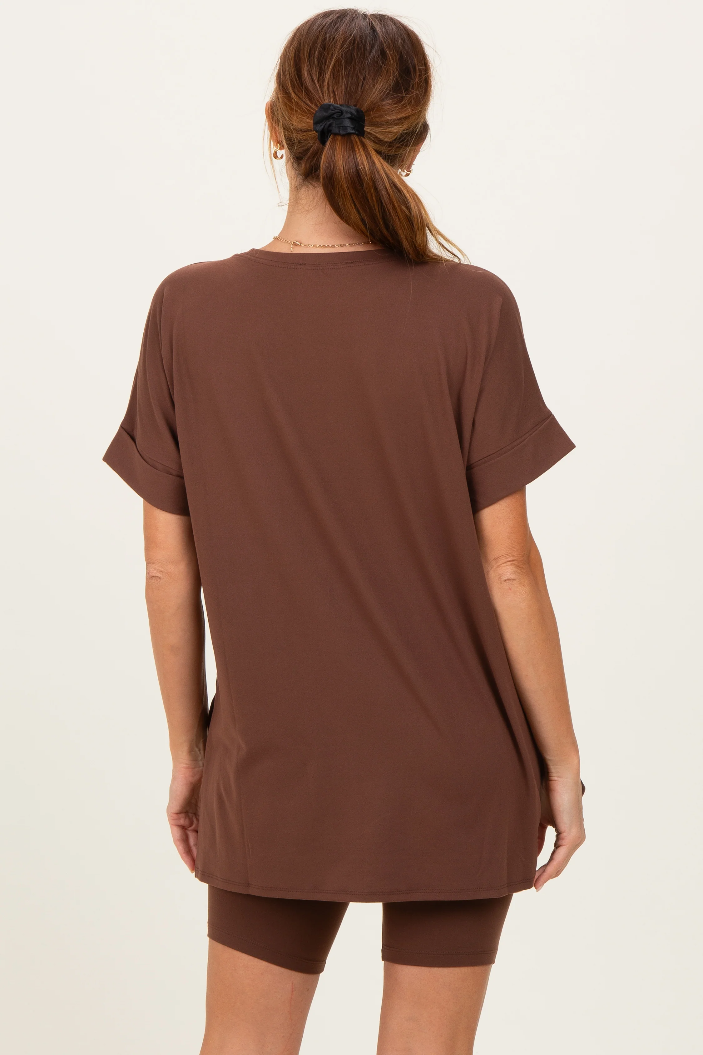 Brown Hi-Low Short Sleeve Tee Biker Short Set - Image 4