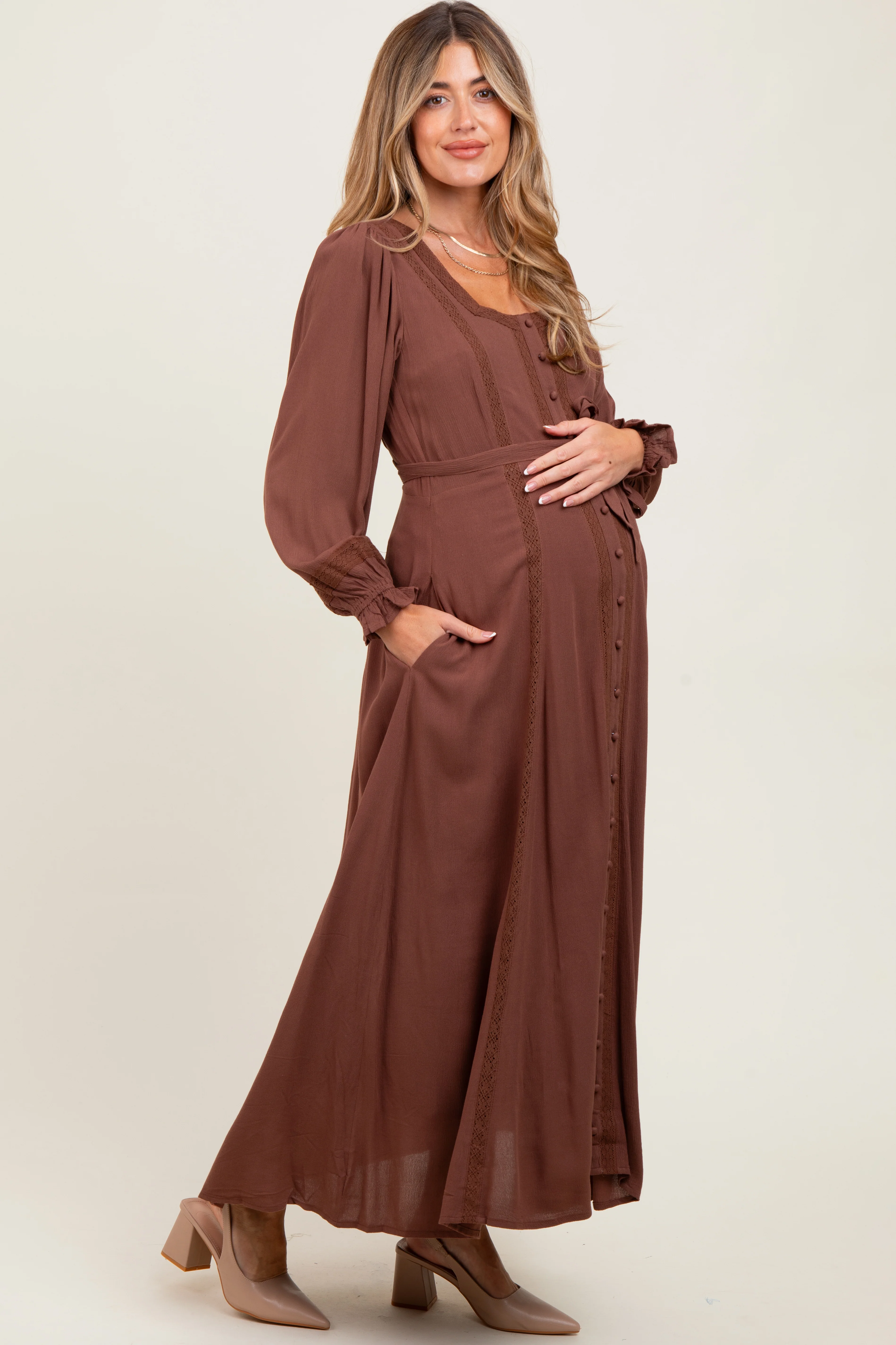 Brown Lace Detail Button Down Maternity Maxi Dress - Image 3