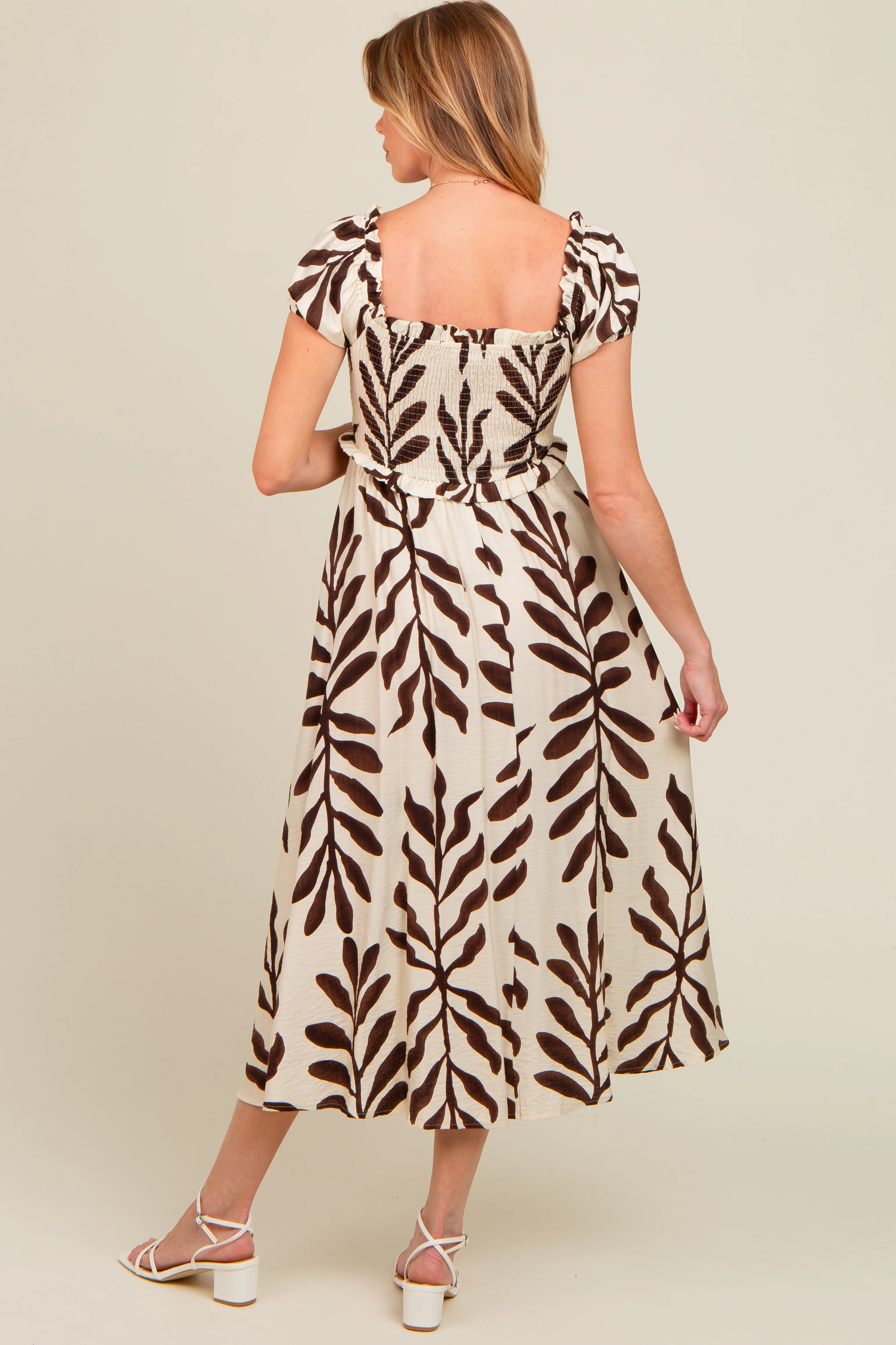 Brown Leaf Print Off Shoulder Smocked Maternity Midi Dress - Image 3
