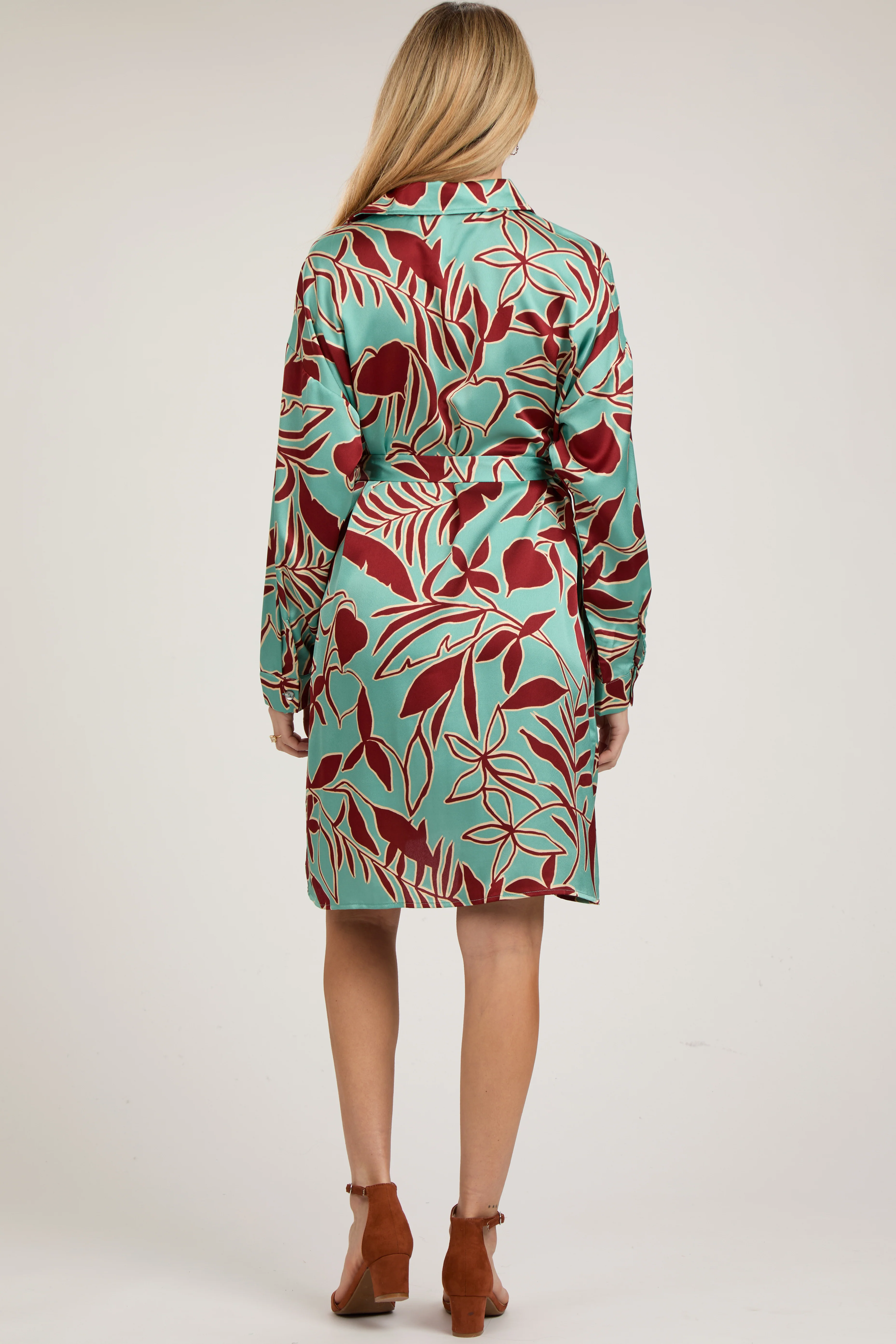 Brown Leaf Print Satin Button Down Maternity Dress - Image 3