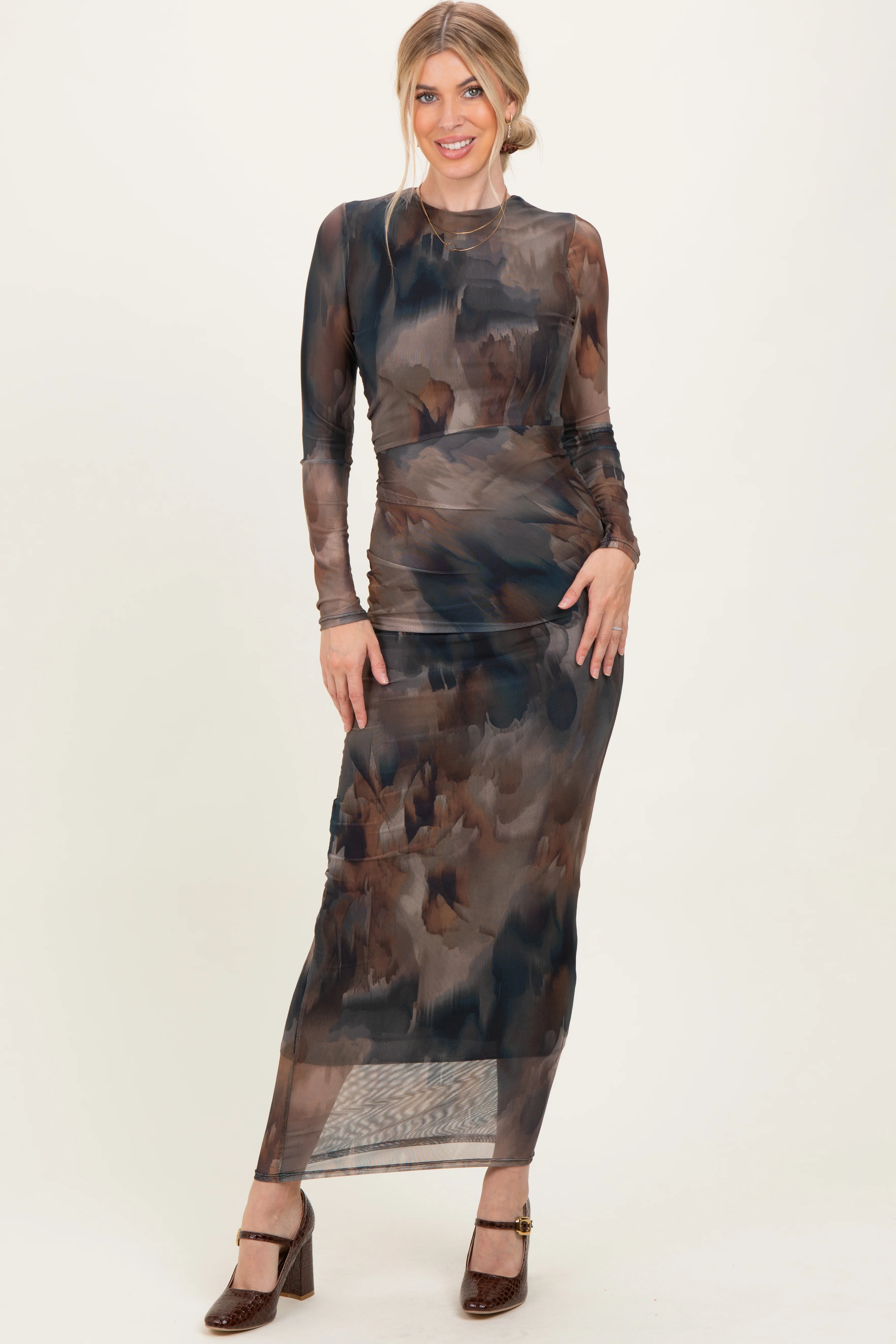 Brown Mesh Multicolor Brush Stroke Print Maxi Dress - Image 2