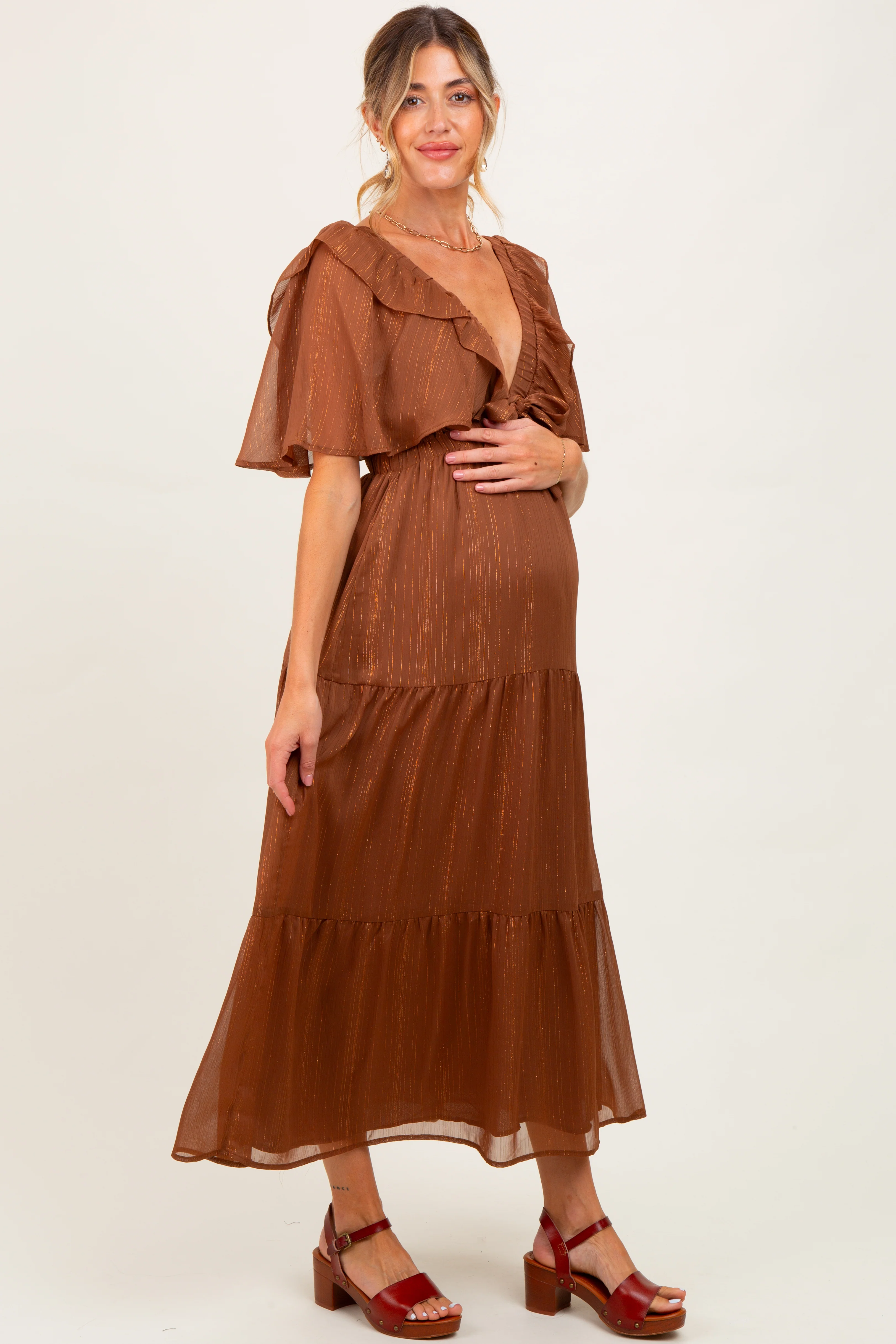 Brown Metallic Chiffon Ruffle V-Neck Maternity Midi Dress - Image 3