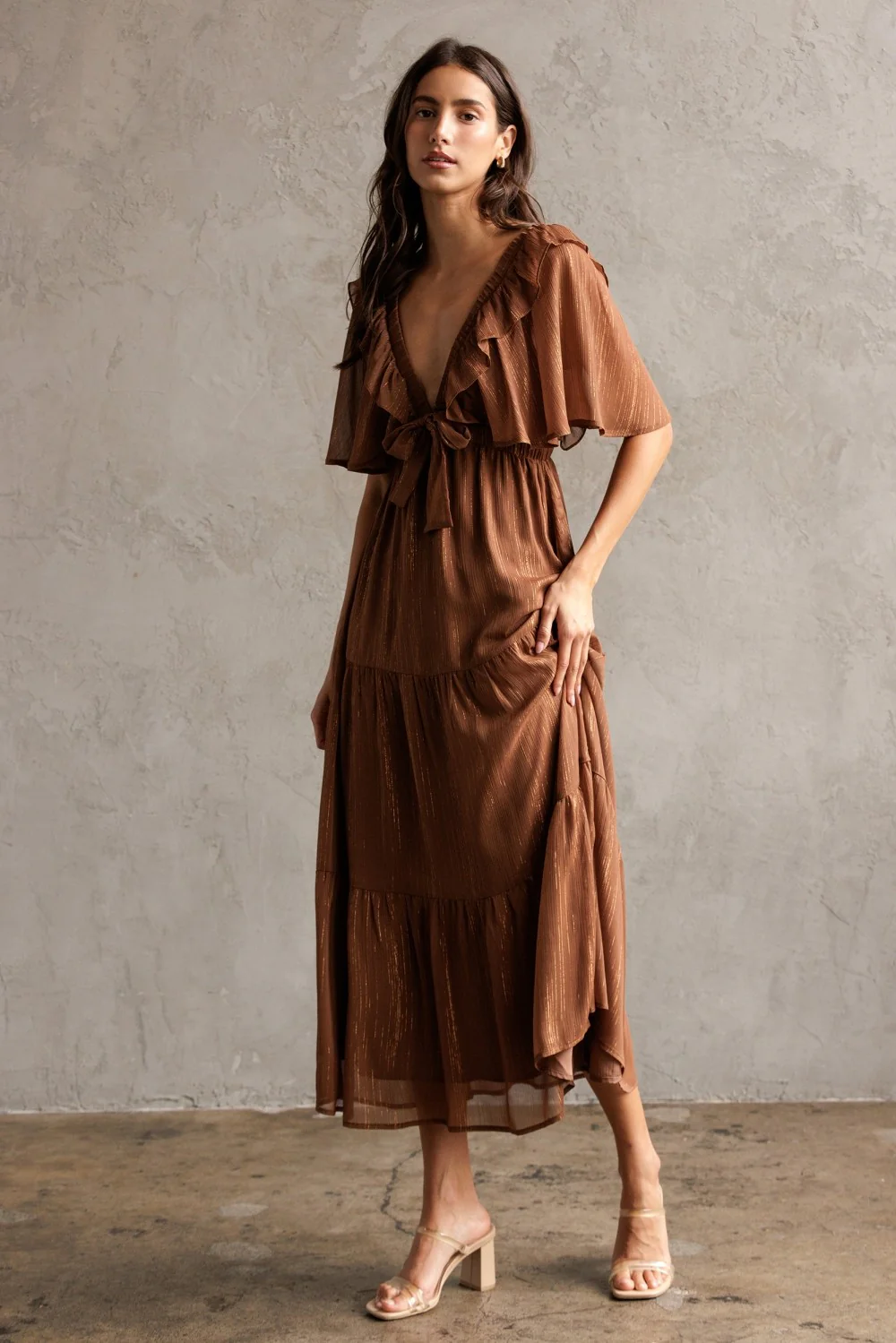 Brown Metallic Chiffon Ruffle V-Neck Midi Dress - Image 3