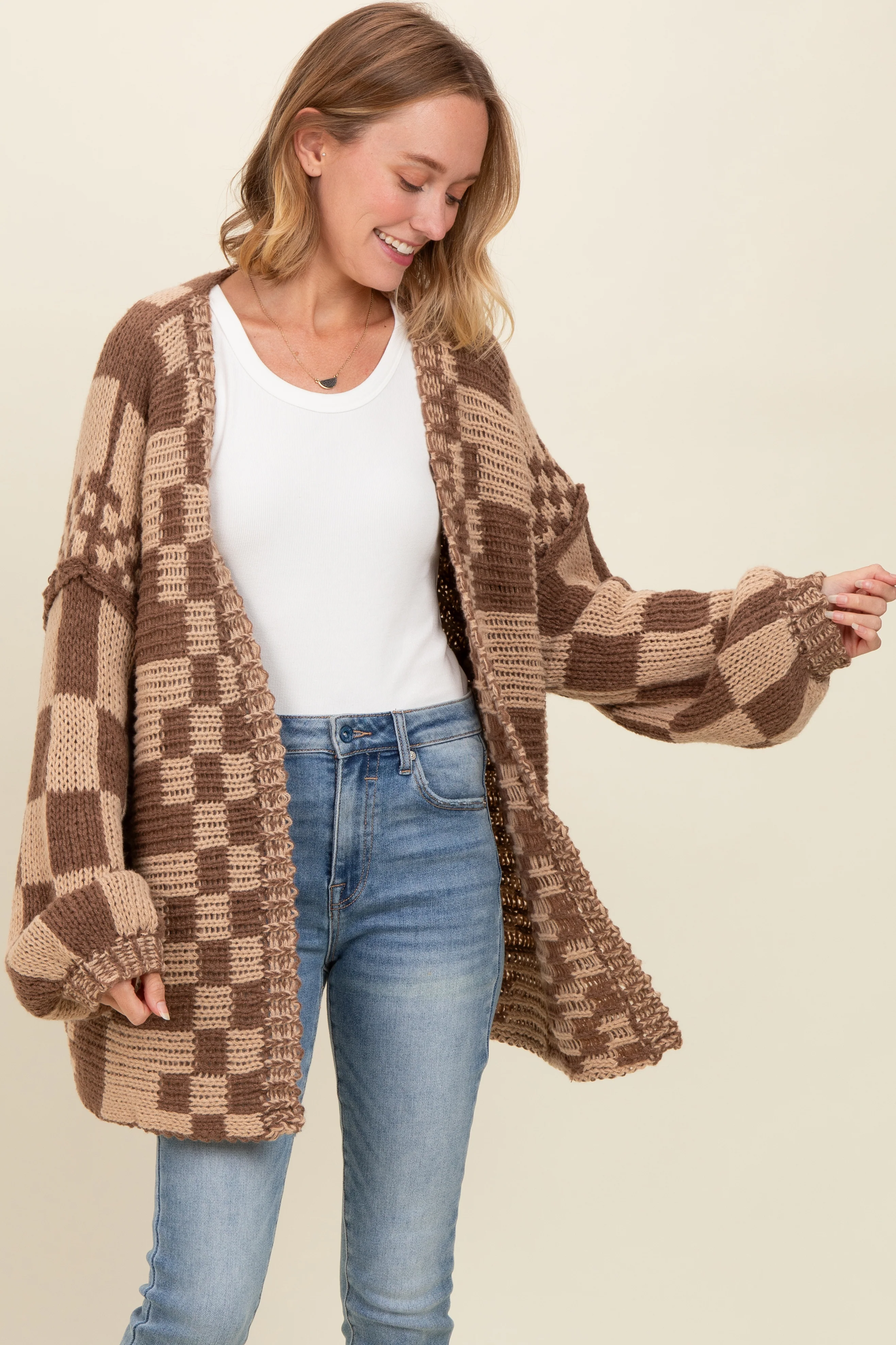 Brown Mixed Check Pattern Chunky Cardigan - Image 4