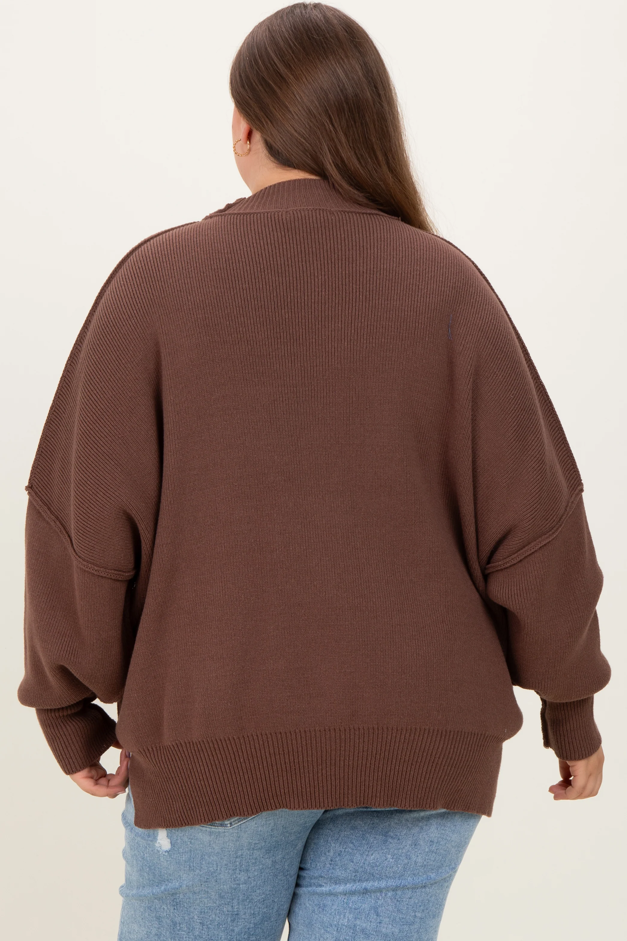 Brown Mock Neck Exposed Seam Maternity Sweater - Image 3