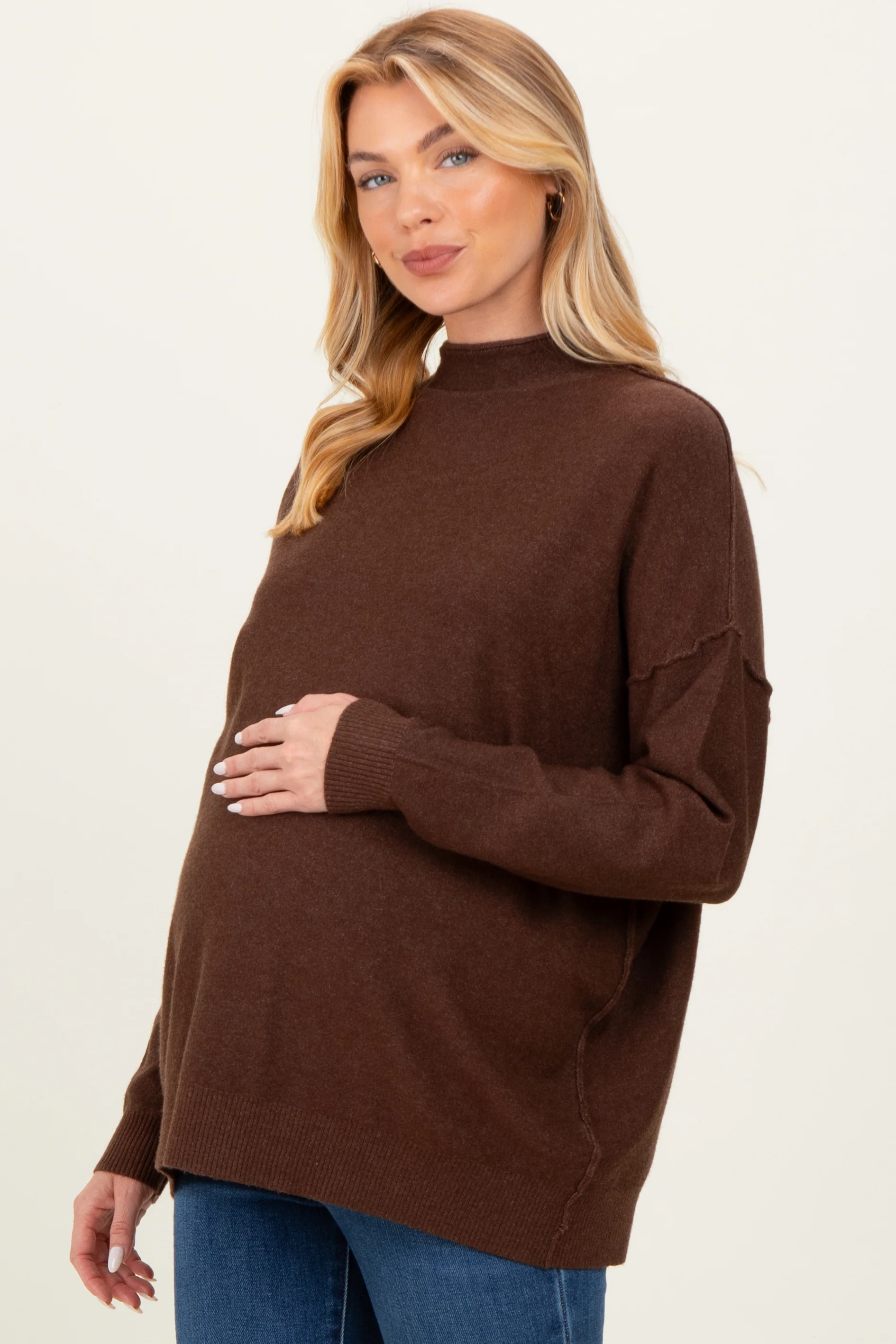 Brown Mock Neck Exposed Seam Maternity Sweater - Image 3