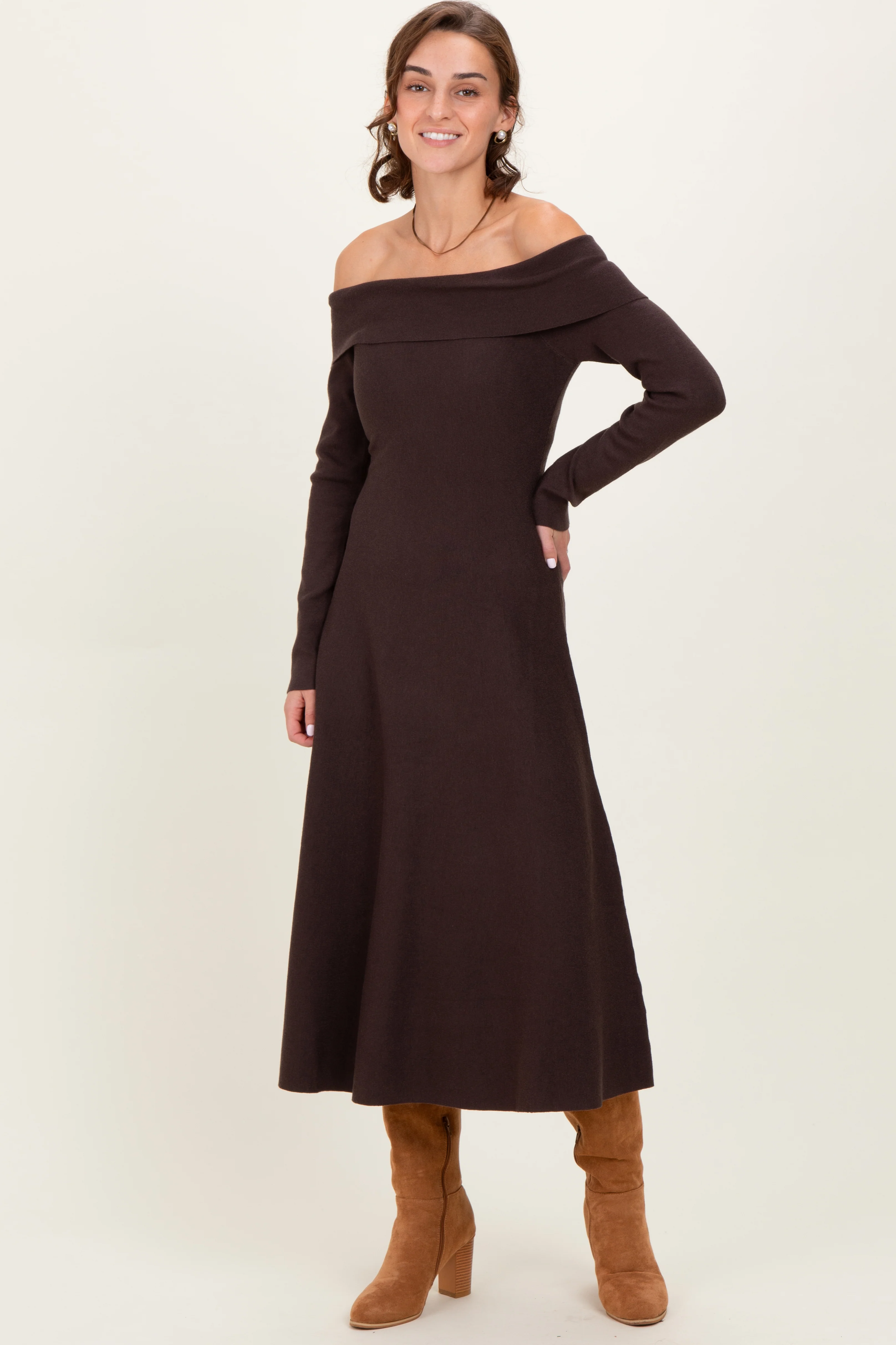 Brown Off Shoulder Sweater Midi Dress - Image 2