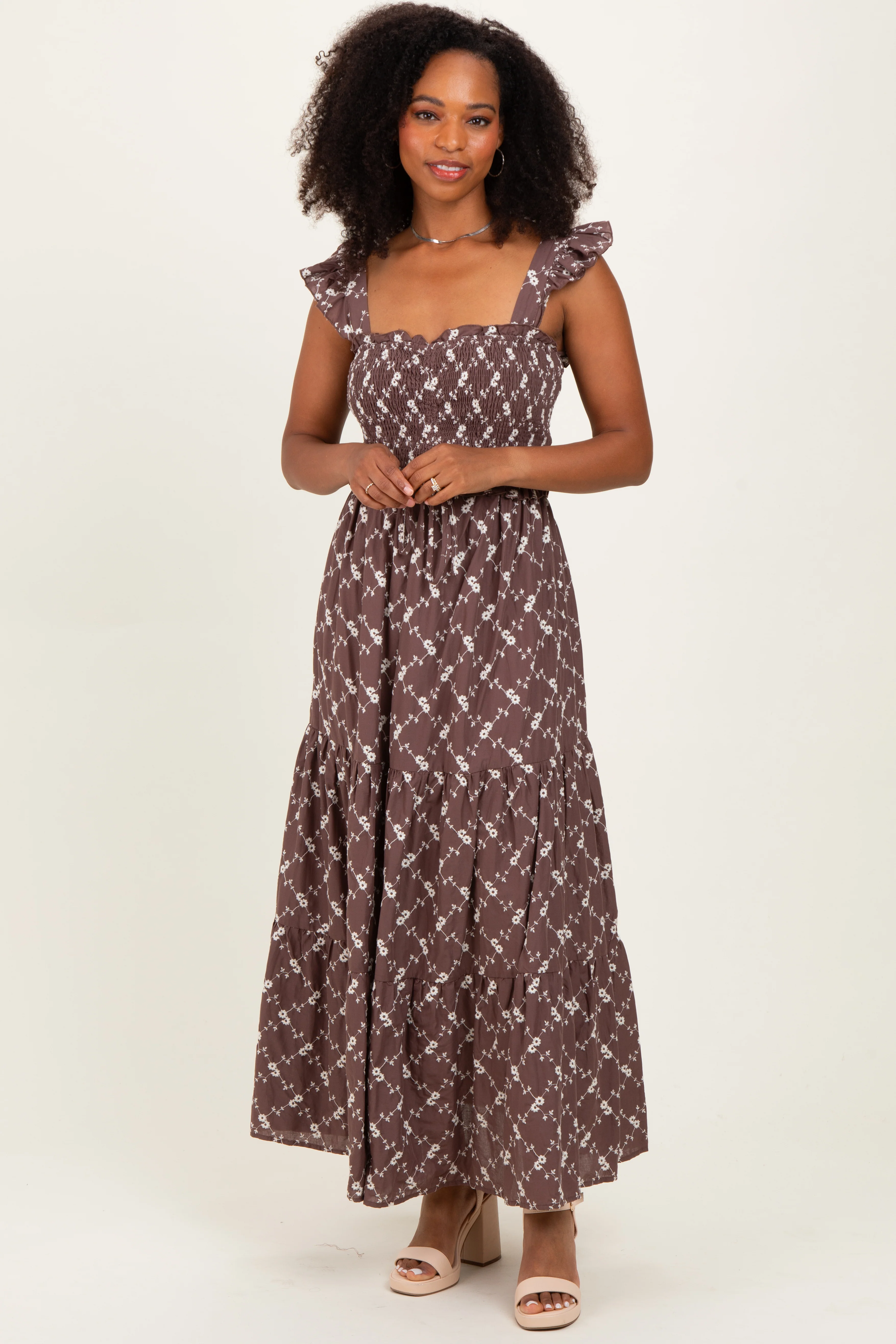 Brown Off White Floral Embroidered Tiered Maxi Dress - Image 3