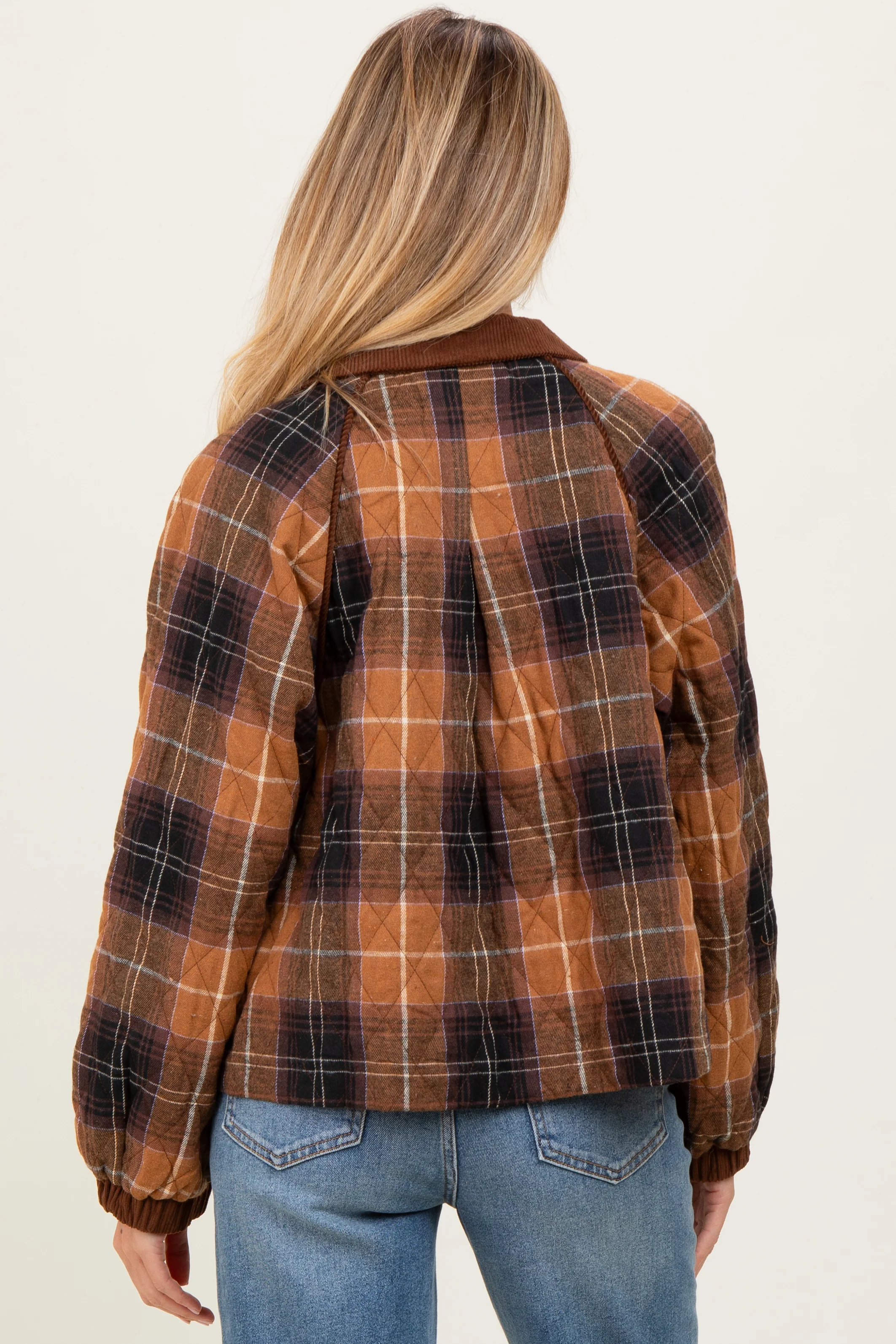 Brown Plaid Quilted Corduroy Contrast Maternity Jacket - Image 4