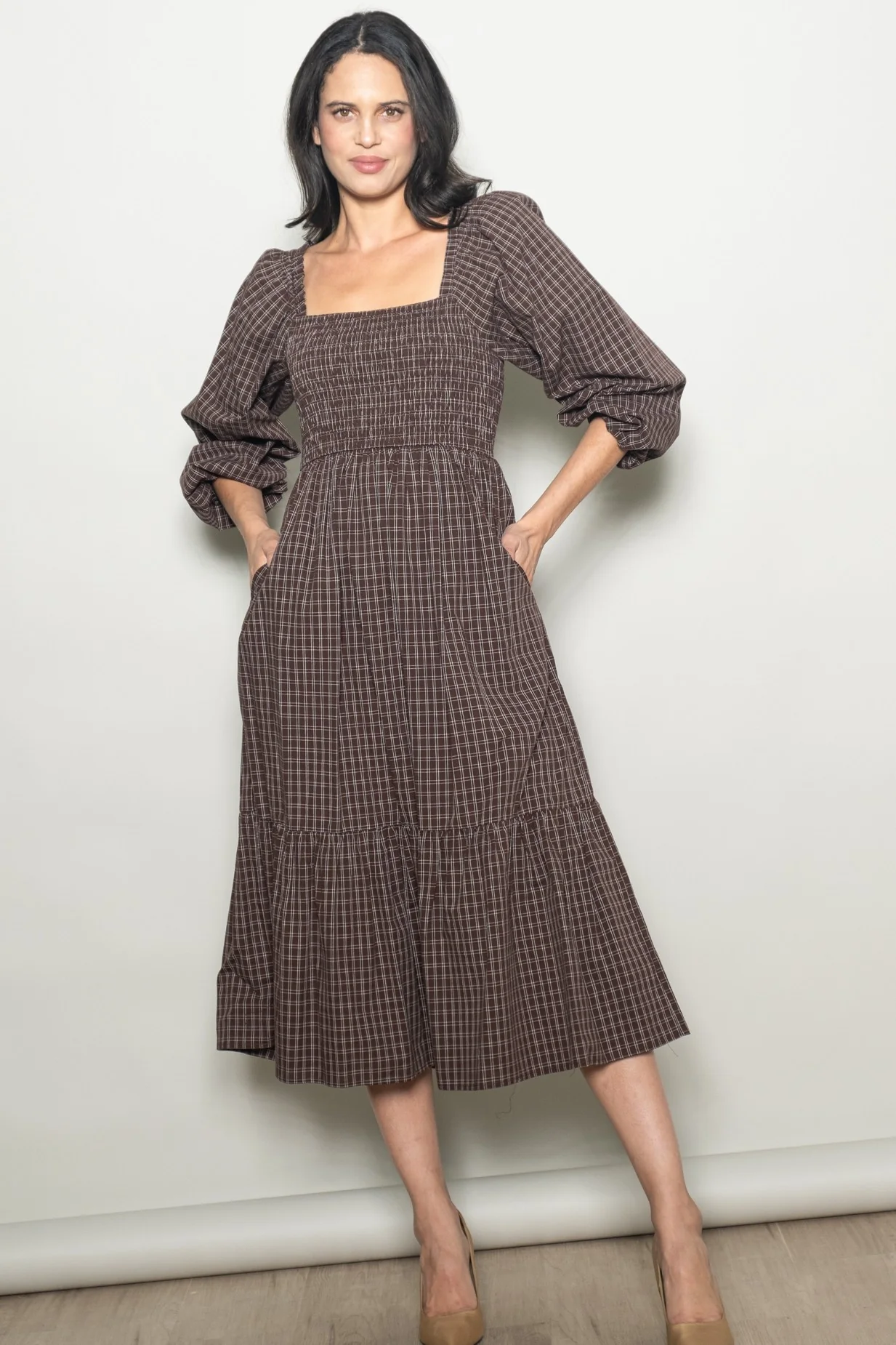 Brown Plaid Smocked Puff Sleeve Maternity Midi Dress - Image 4