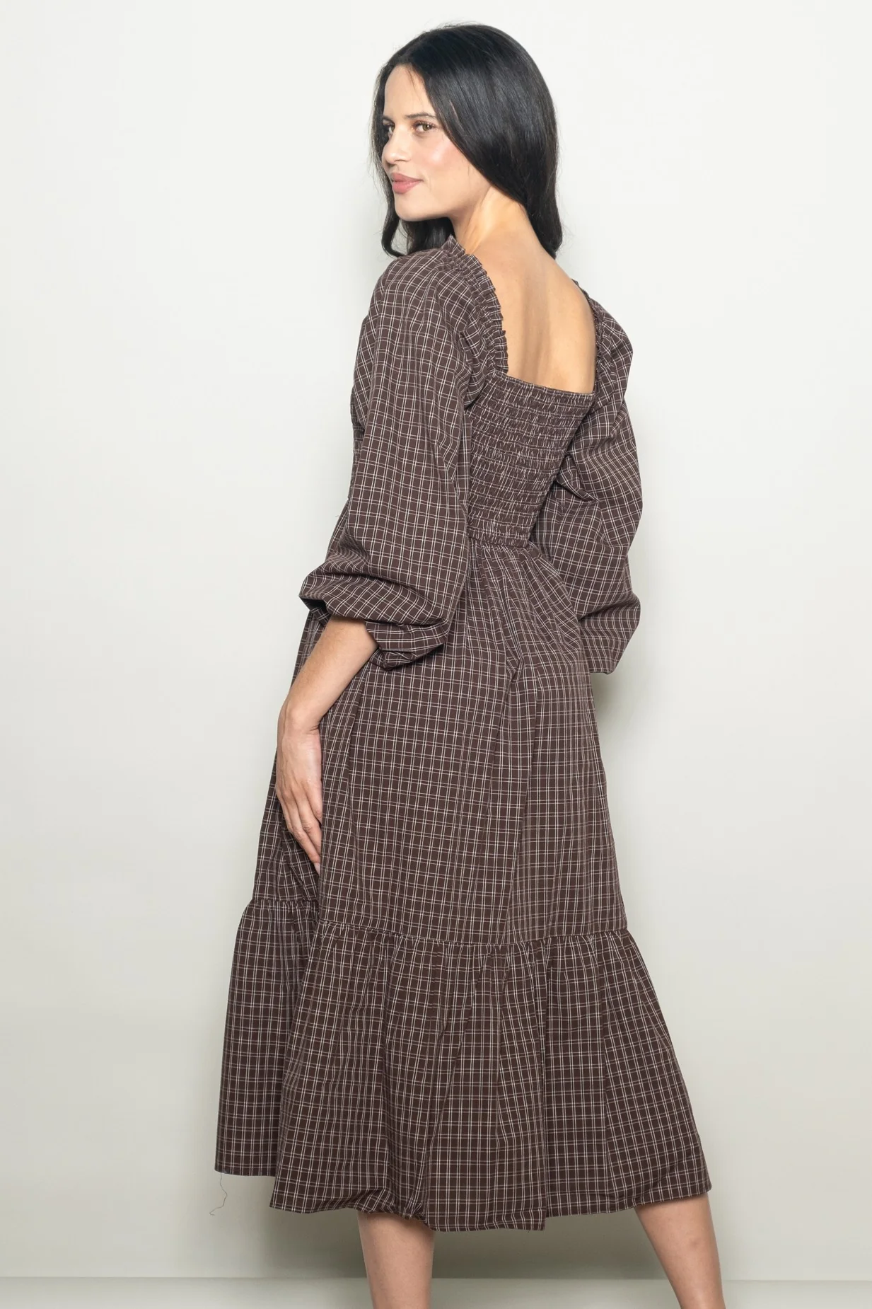 Brown Plaid Smocked Puff Sleeve Midi Dress - Image 3
