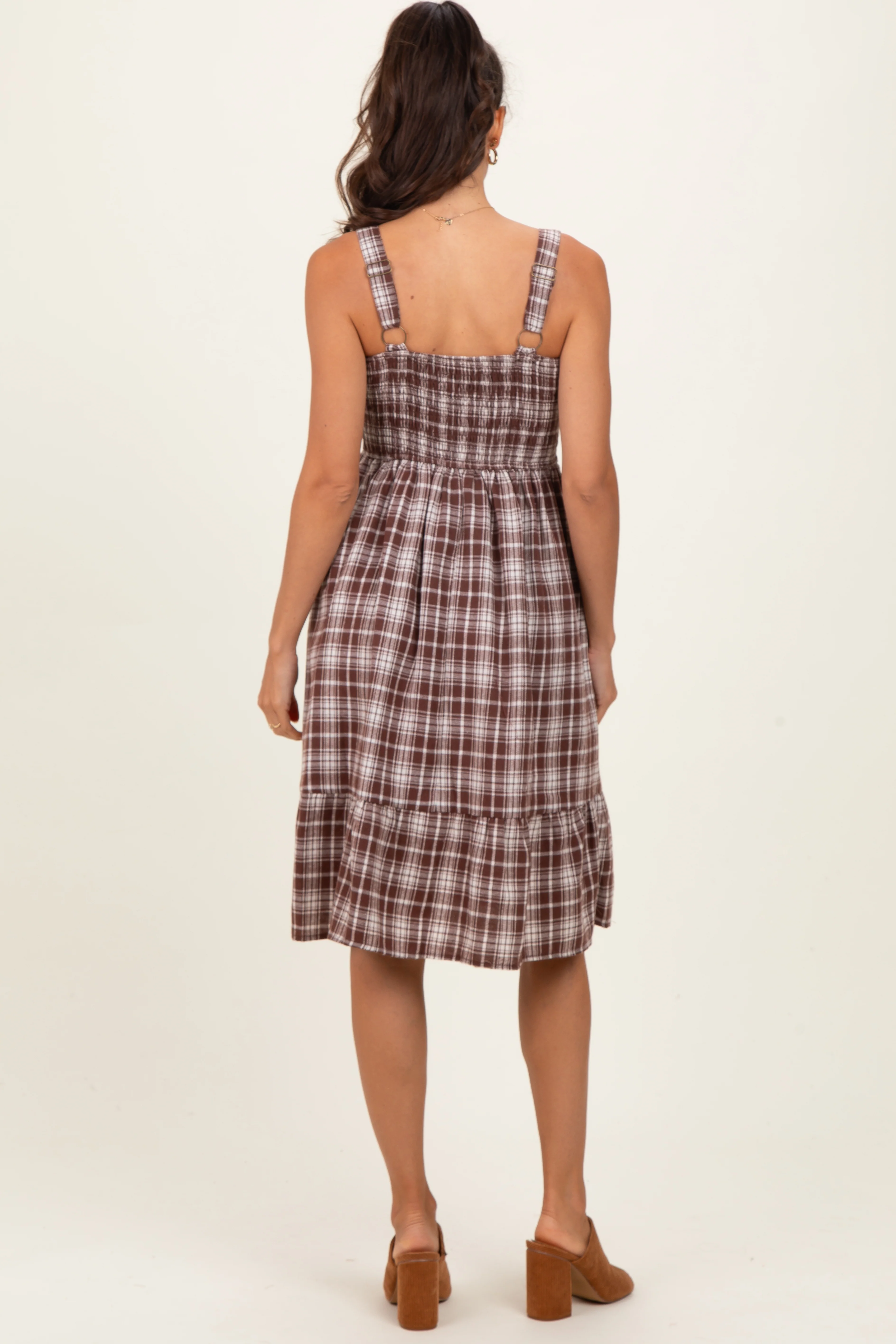Brown Plaid Square Neck Dress - Image 4