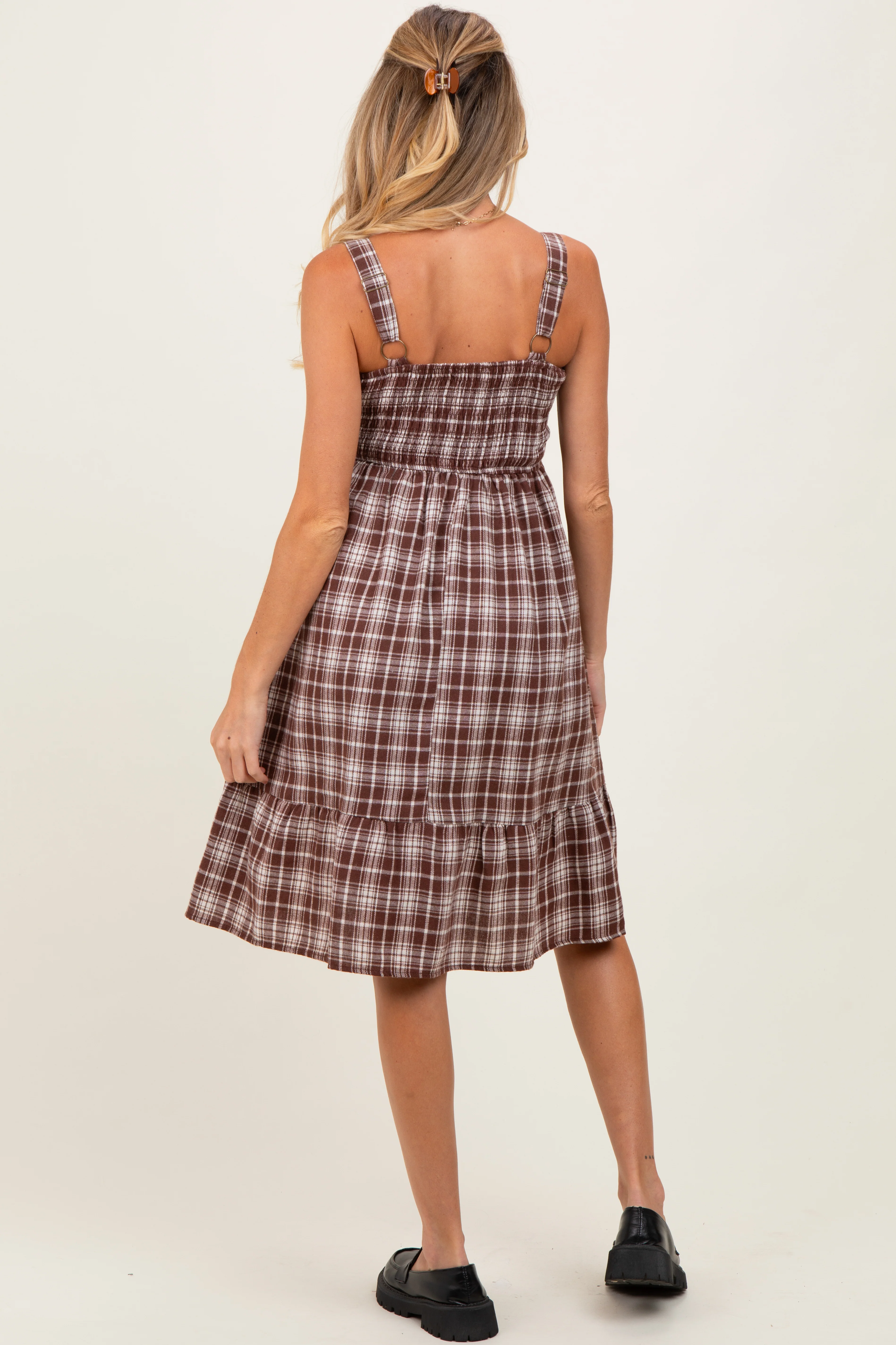 Brown Plaid Square Neck Maternity Dress - Image 4