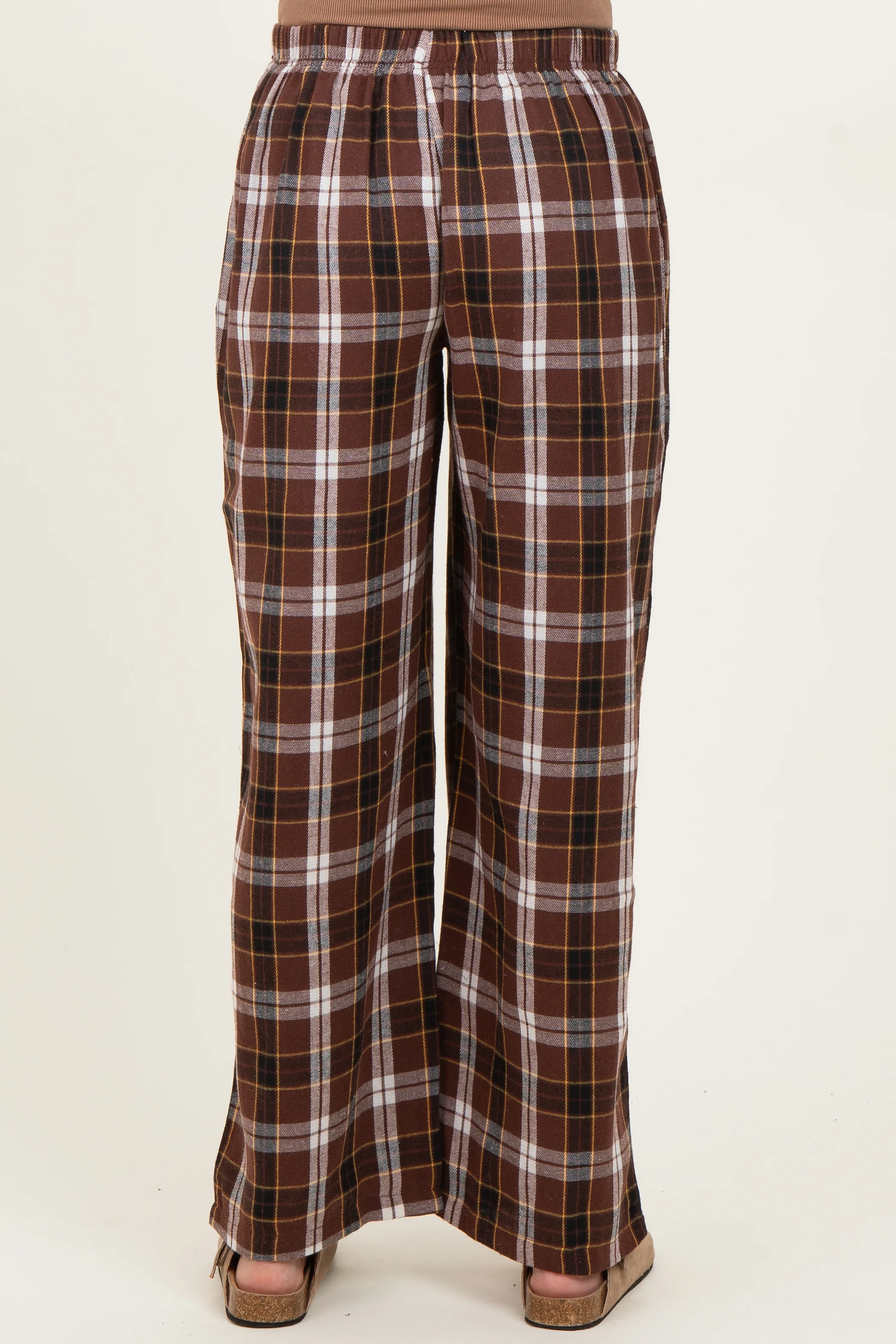 Brown Plaid Wide Leg Maternity Lounge Pants - Image 3