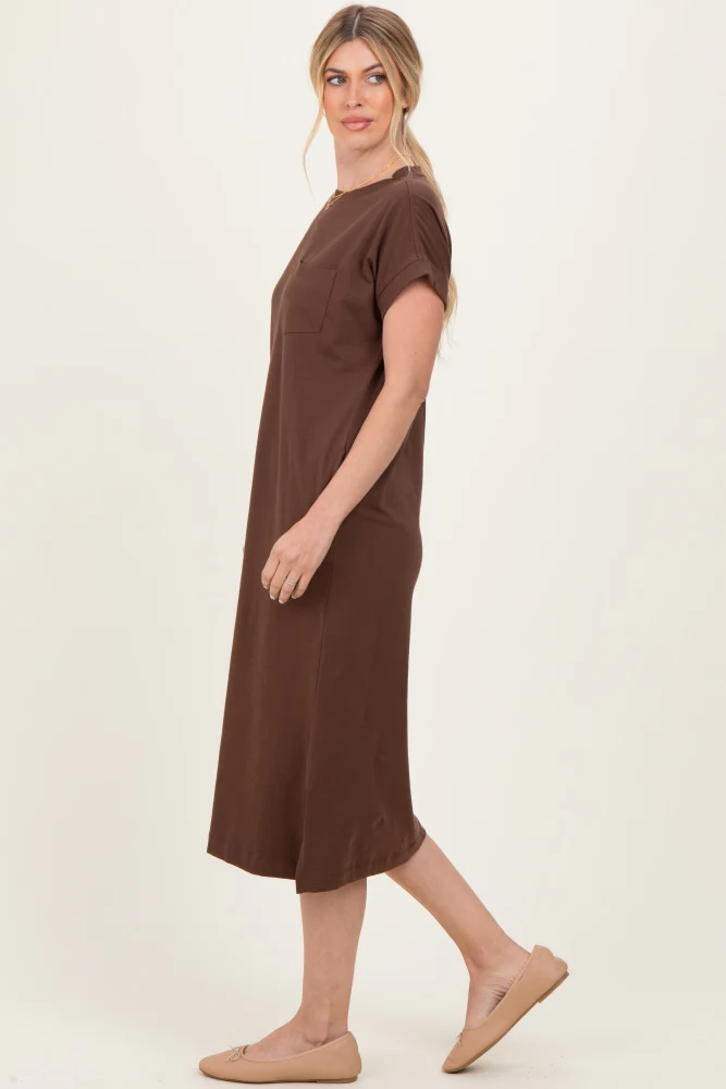 Brown Pocket Front Midi T-Shirt Dress - Image 3