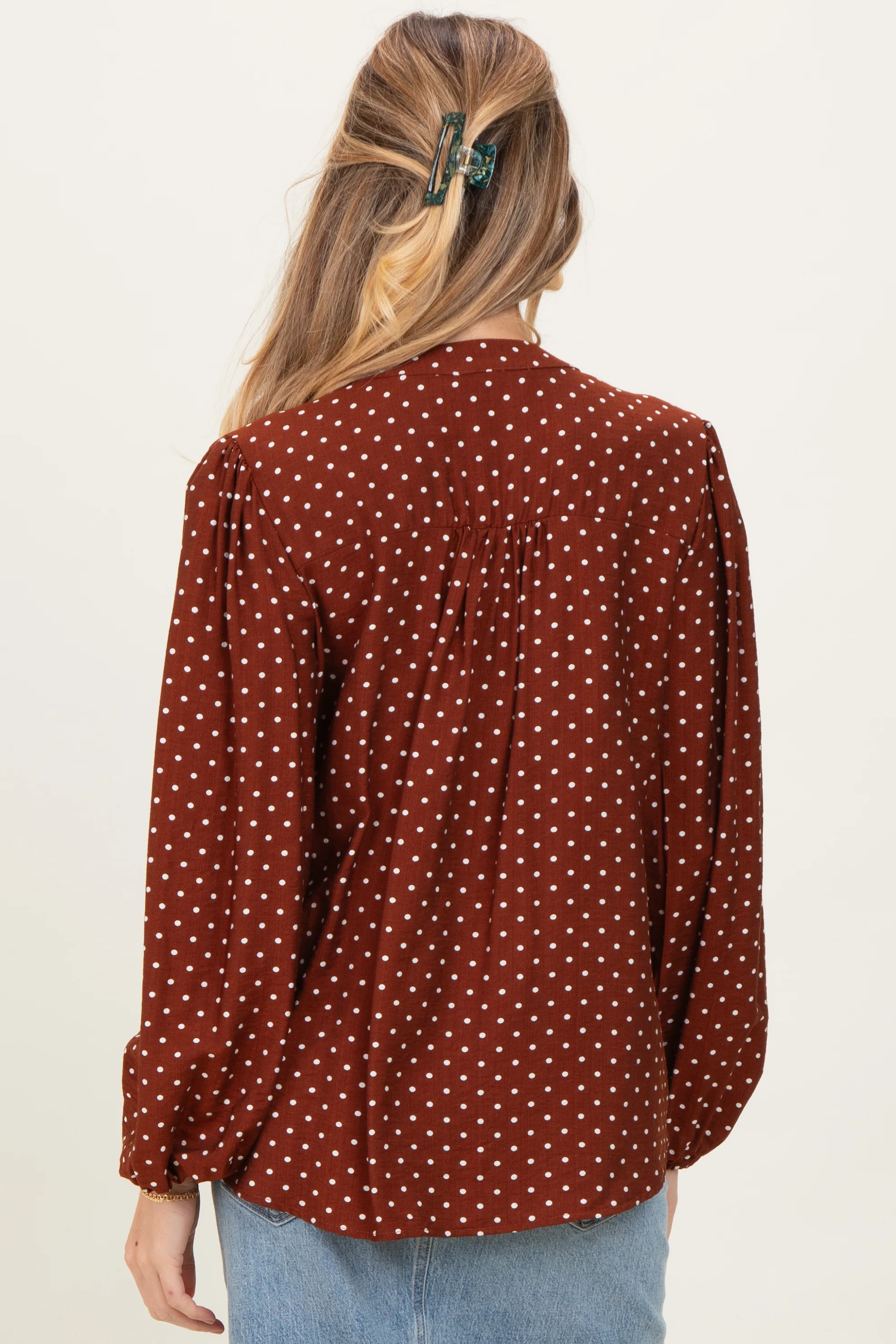 Brown Polka Dot Long Sleeve Button Down V-Neck Maternity Top - Image 3