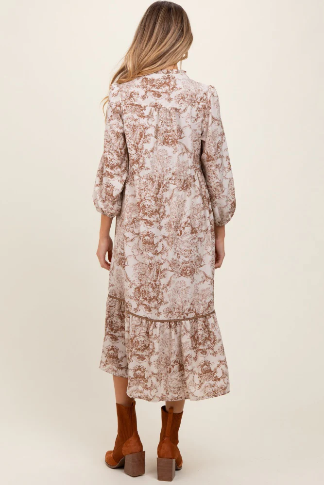 Brown Printed Split Ruffle Collar Maternity Midi Dress - Image 4