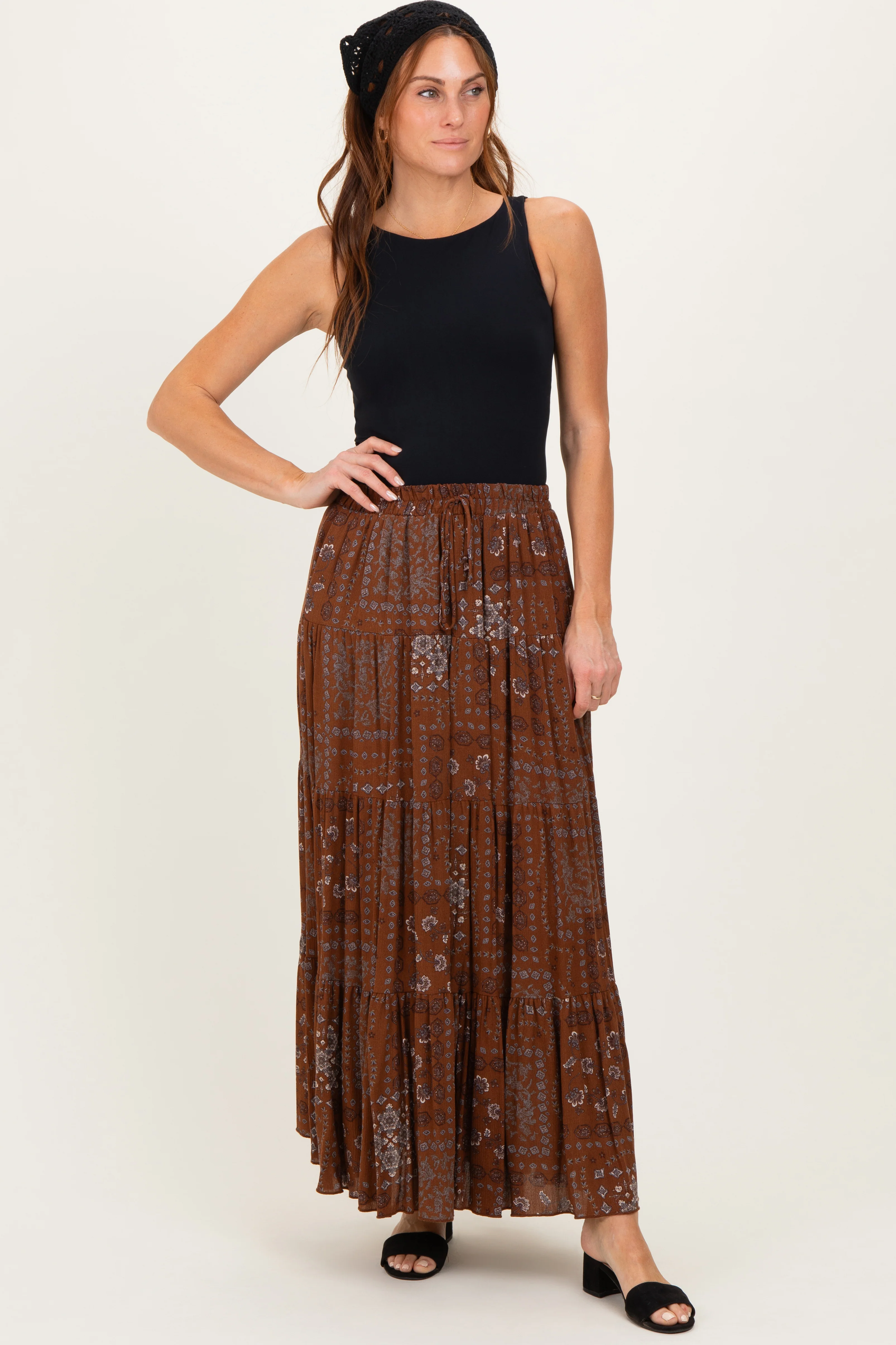 Brown Printed Tiered Maternity Maxi Skirt - Image 6