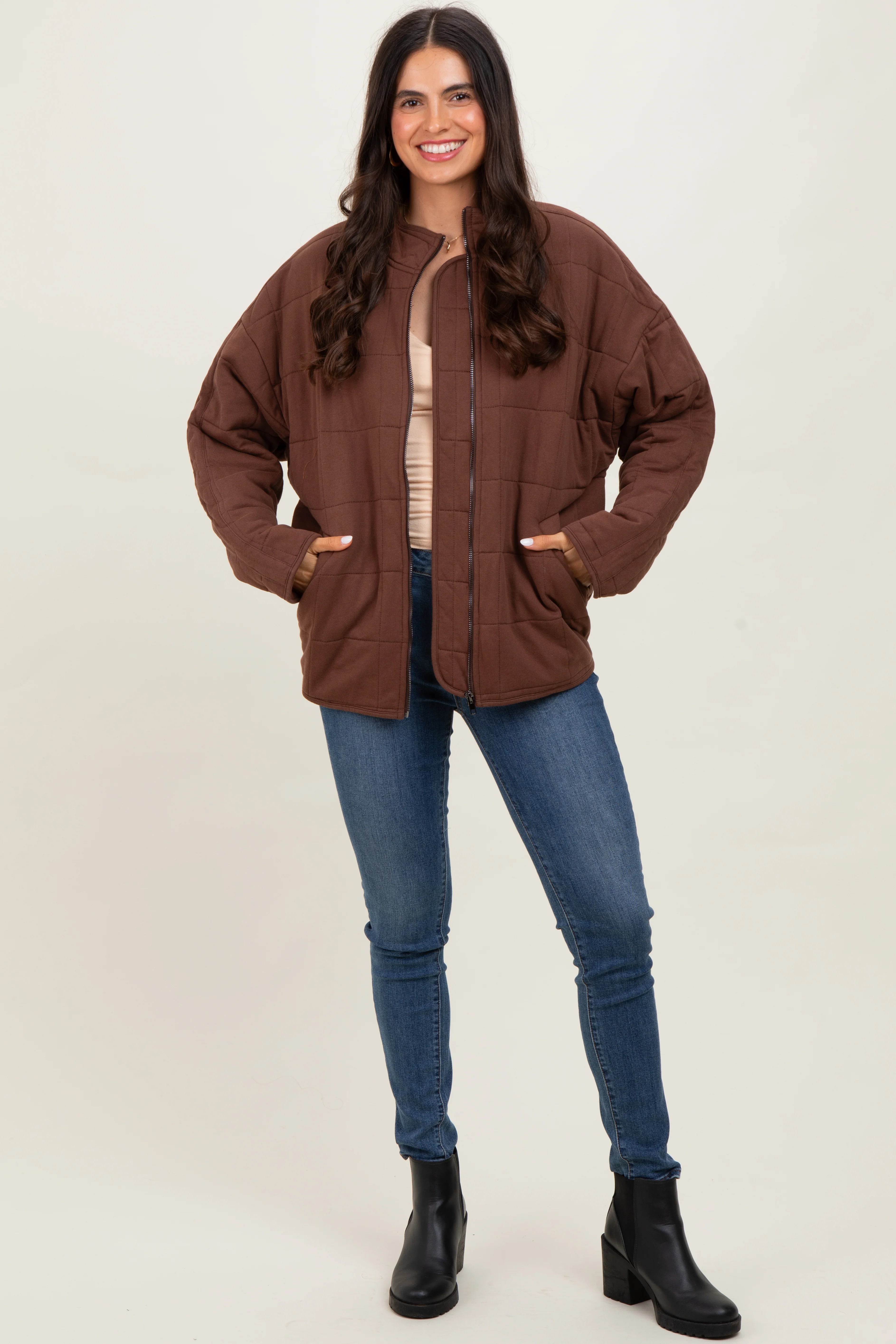 Brown Quilted Oversized Maternity Jacket - Image 6