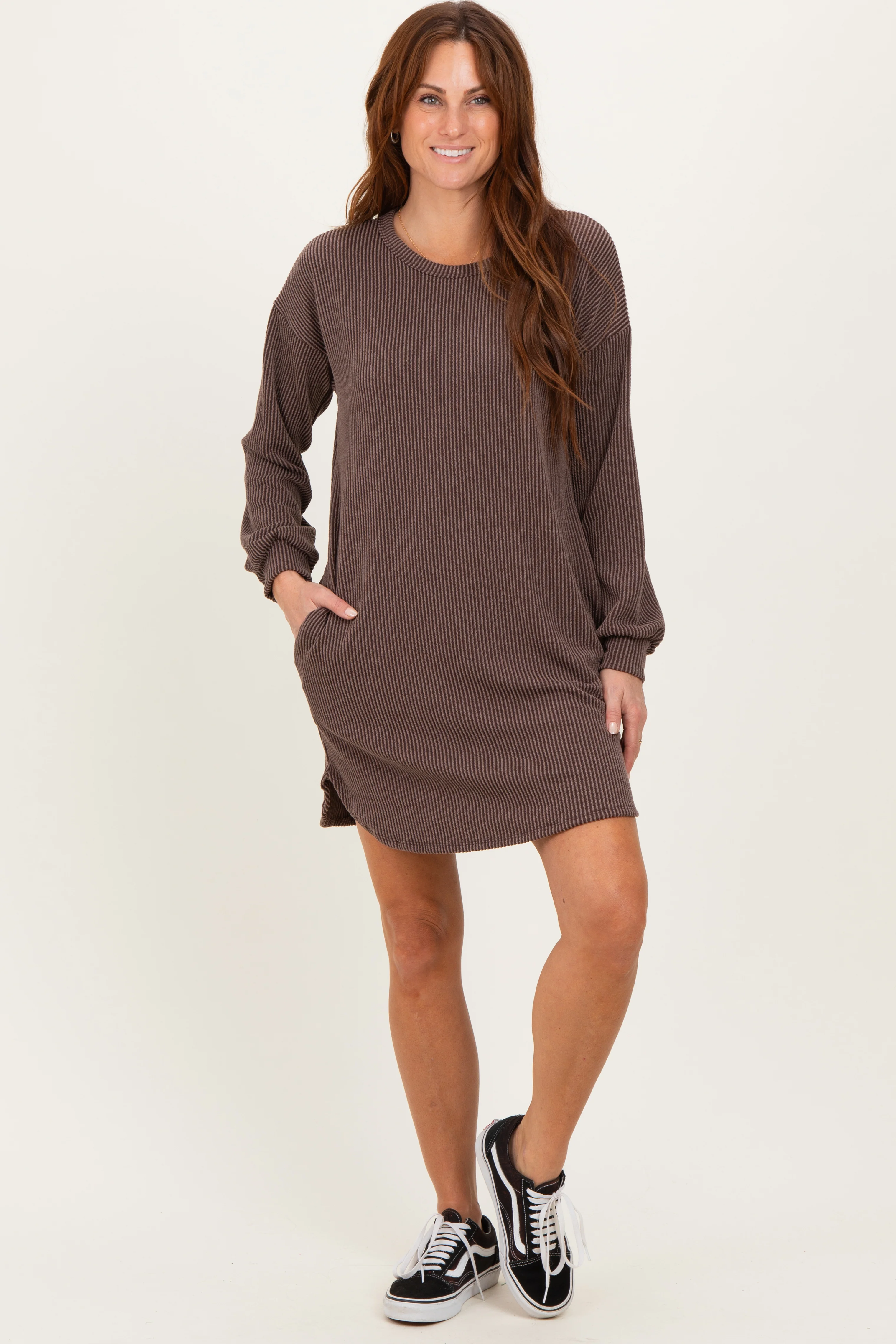 Brown Rib Knit Long Sleeve Maternity Dress - Image 5