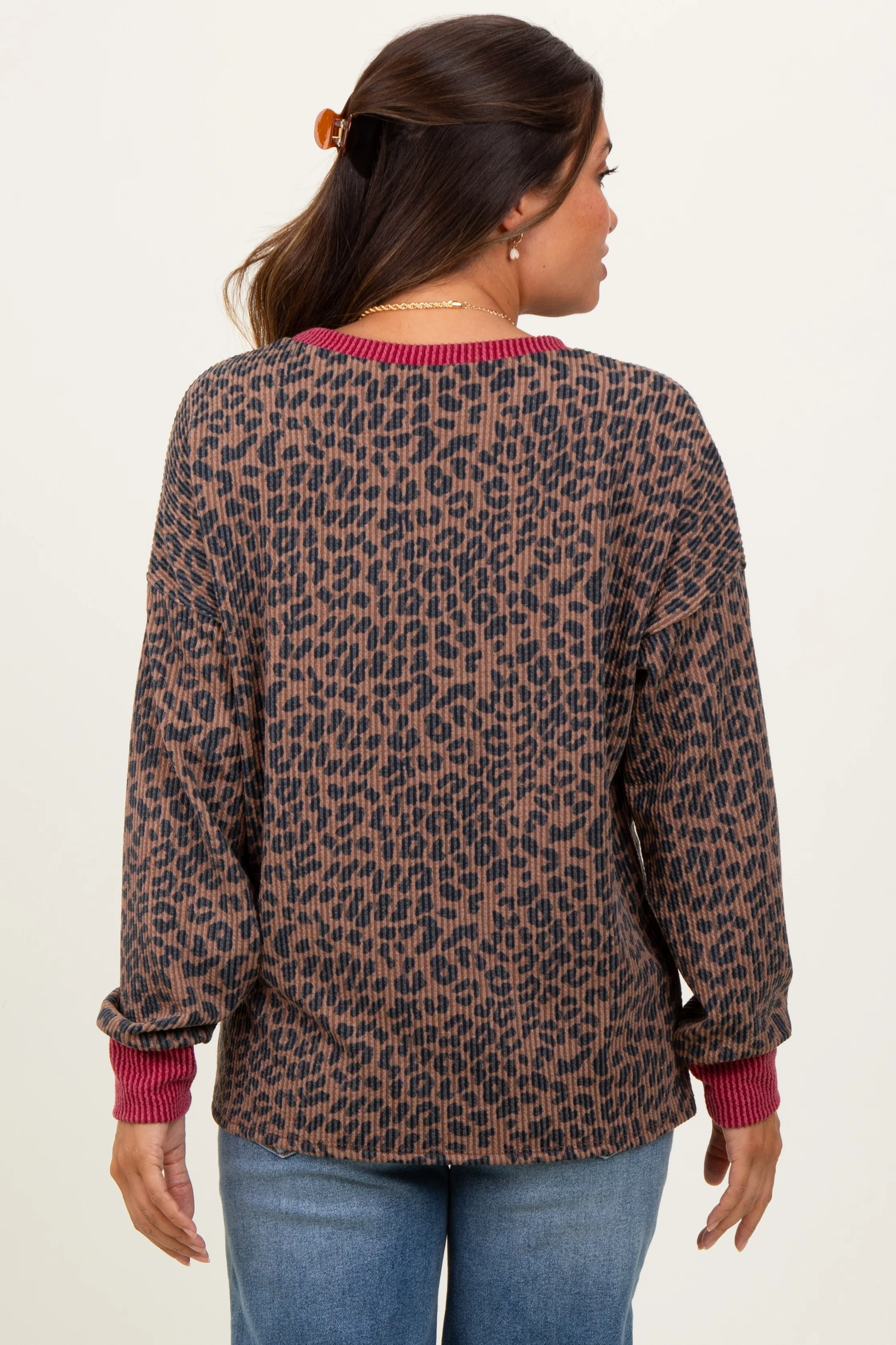 Brown Ribbed Animal Print Contrast Trim Maternity Pullover - Image 4