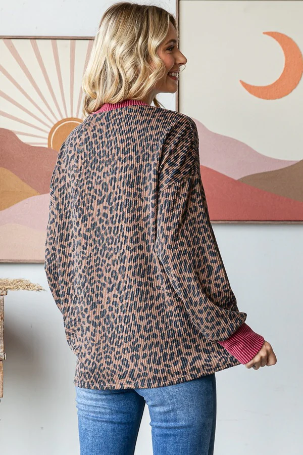 Brown Ribbed Animal Print Contrast Trim Pullover - Image 4