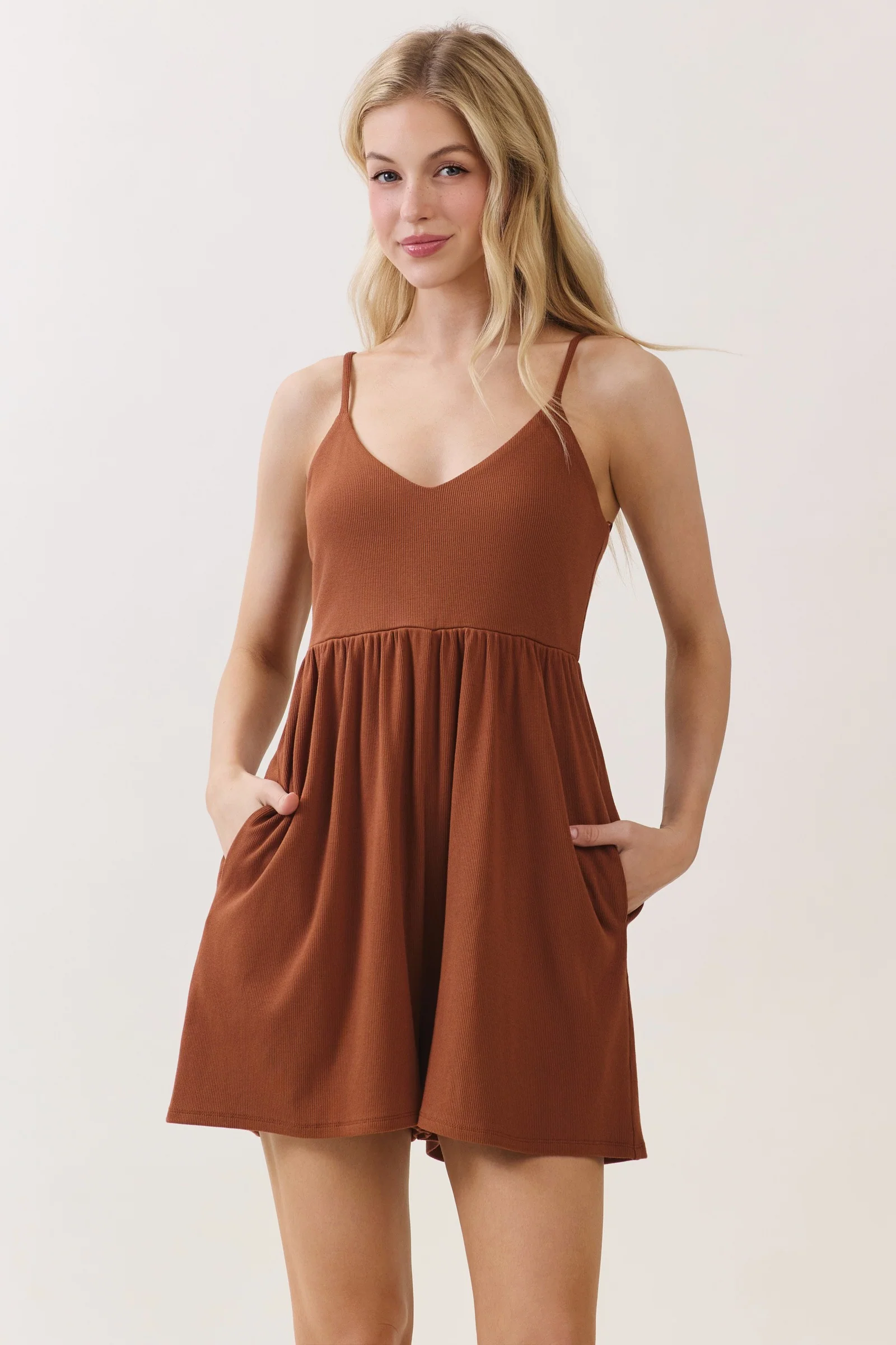 Brown Ribbed Knit Babydoll Maternity Romper - Image 5