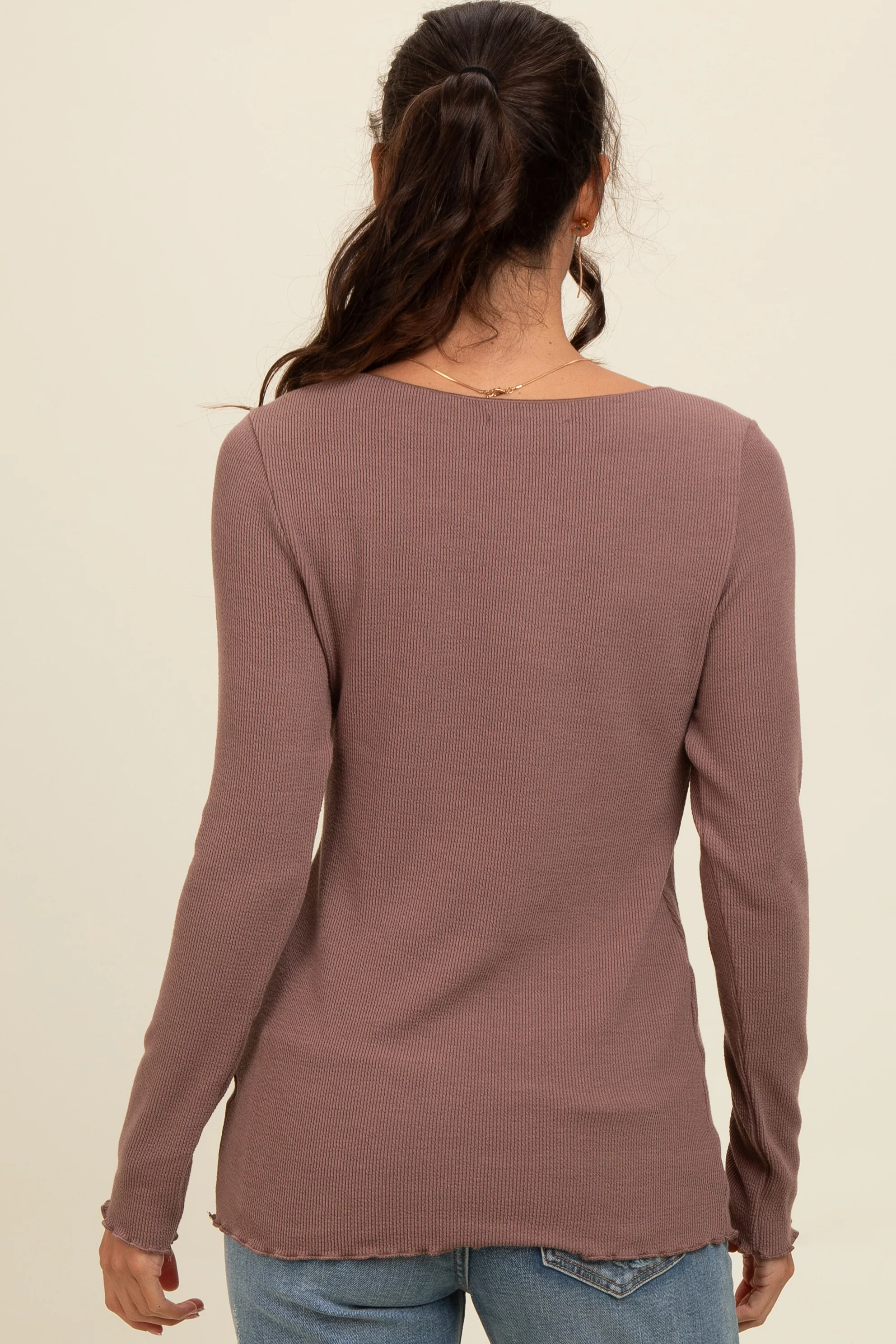 Brown Ribbed Knit Long Sleeve Lettuce Hem Top - Image 3