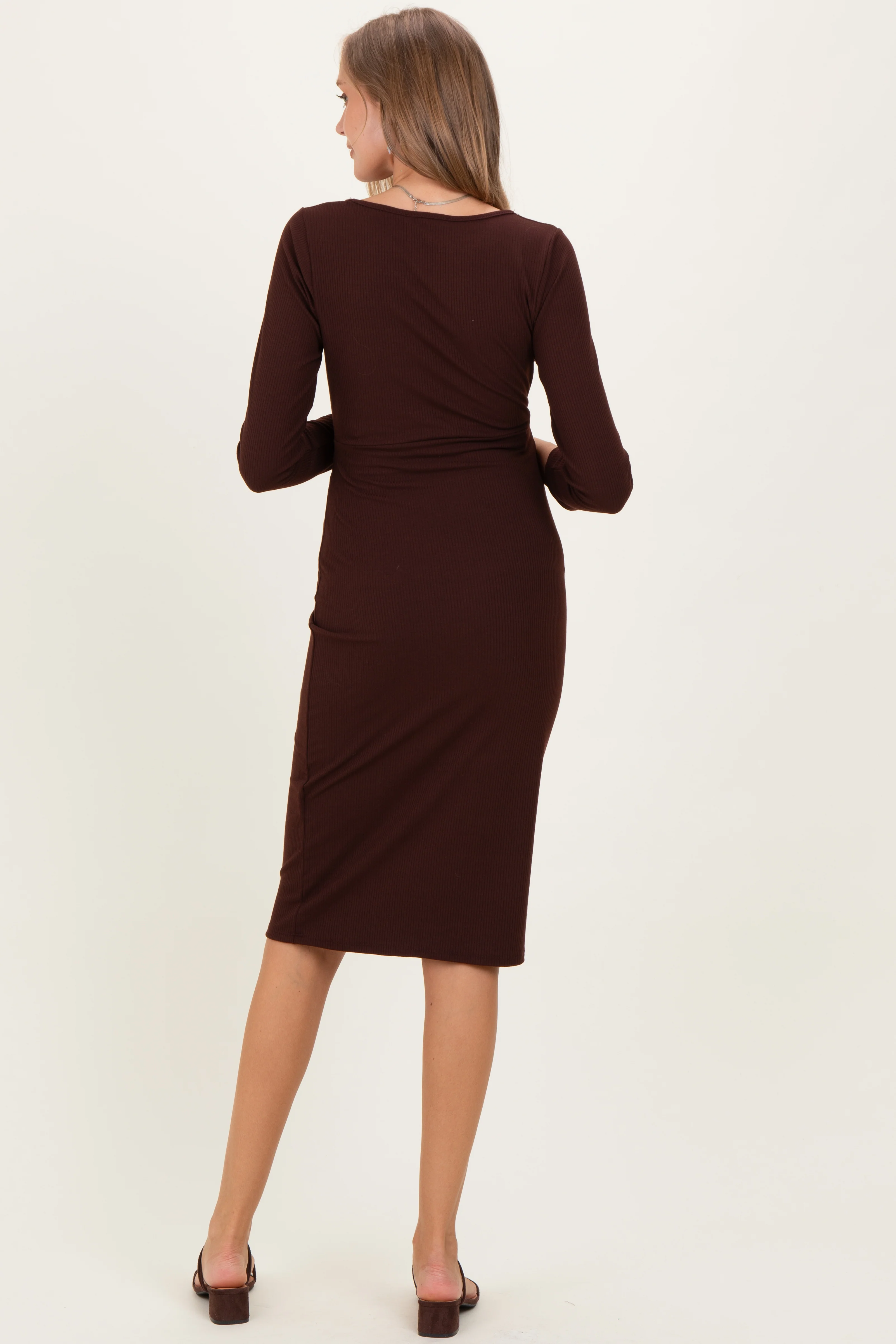 Brown Ribbed Long Sleeve Square Neck Tie Belt Maternity Midi Dress - Image 4