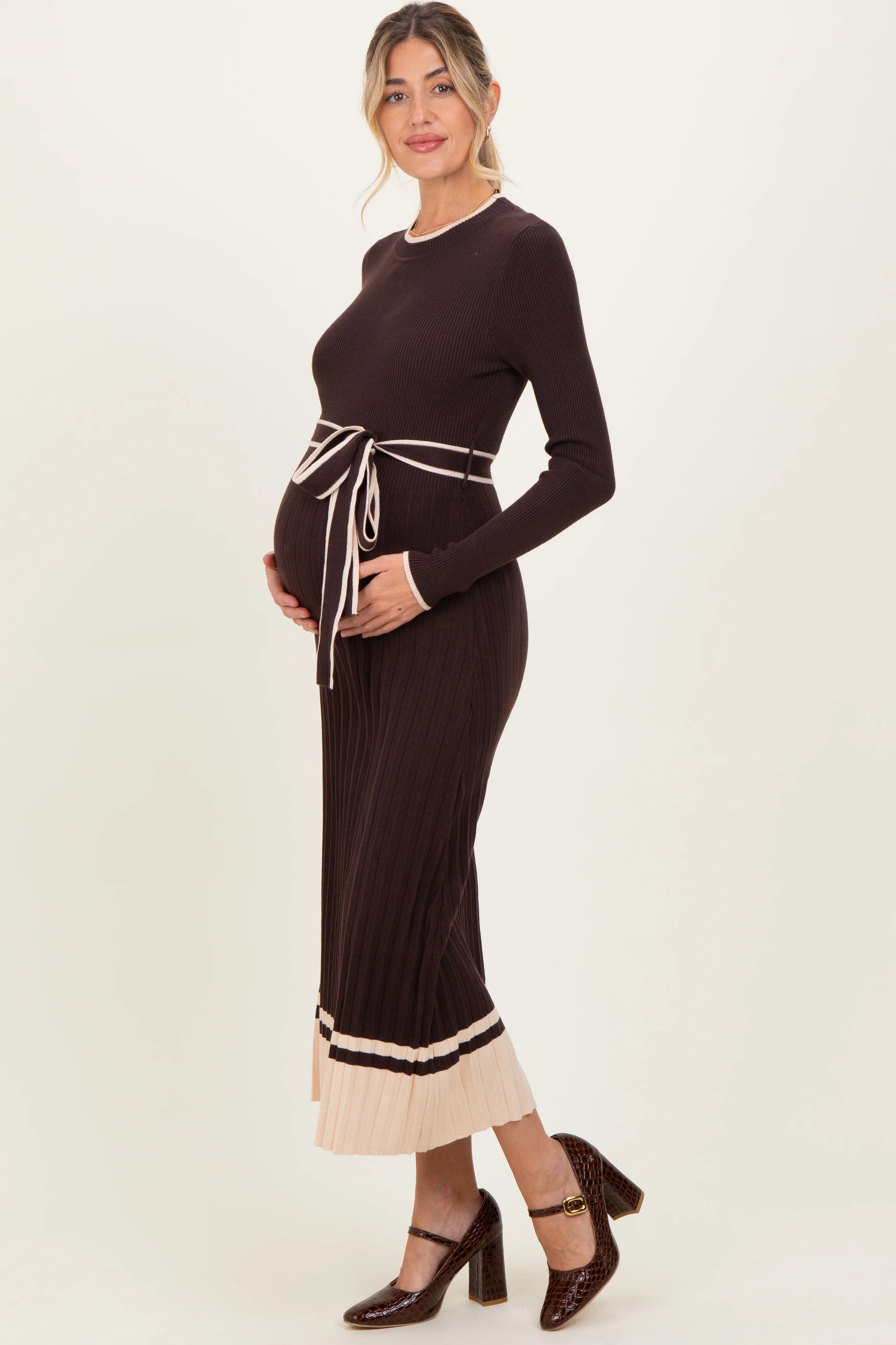 Brown Ribbed Midi Sweater Dress With Belt - Image 3