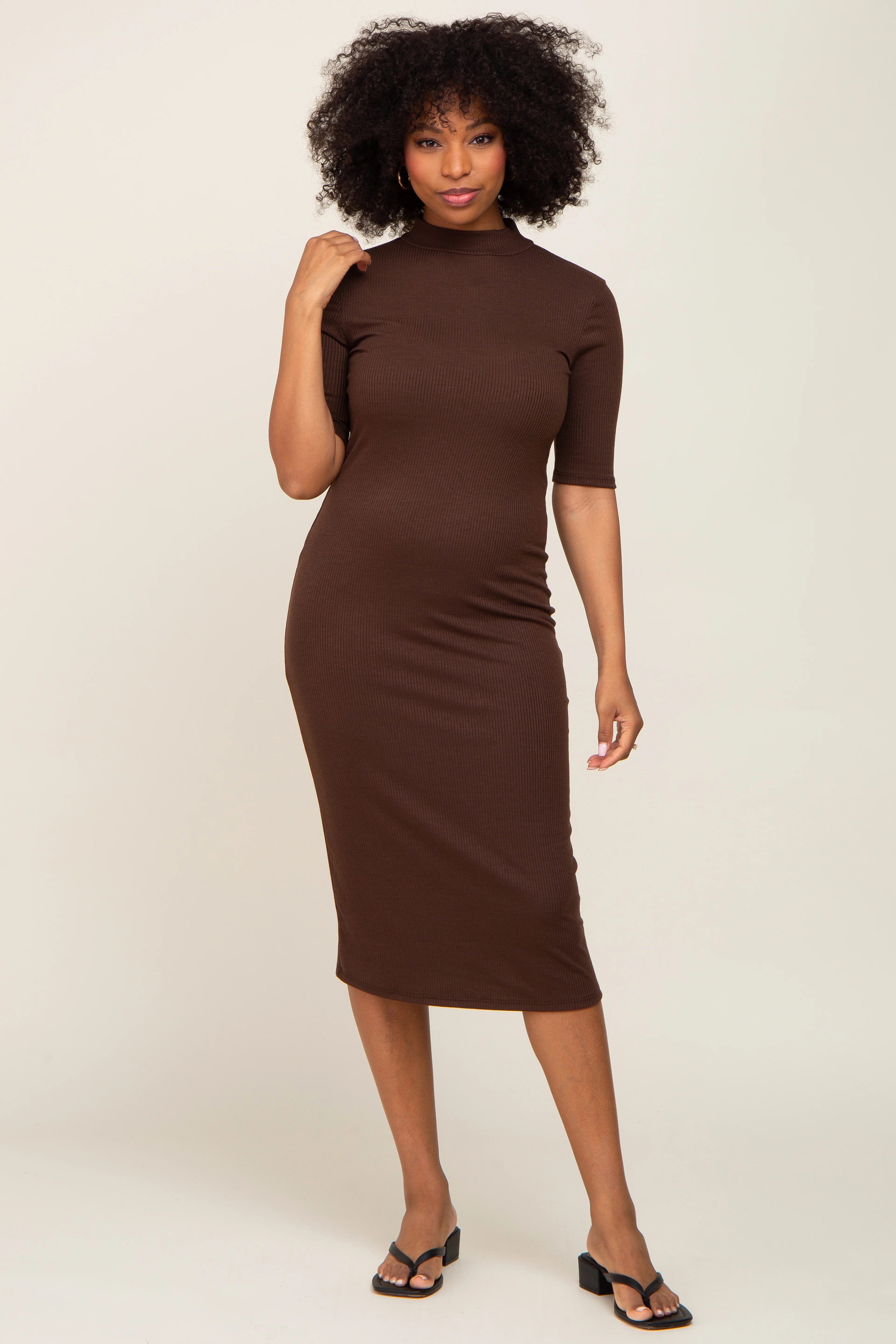 Brown Ribbed Mock Neck Midi Dress - Image 4