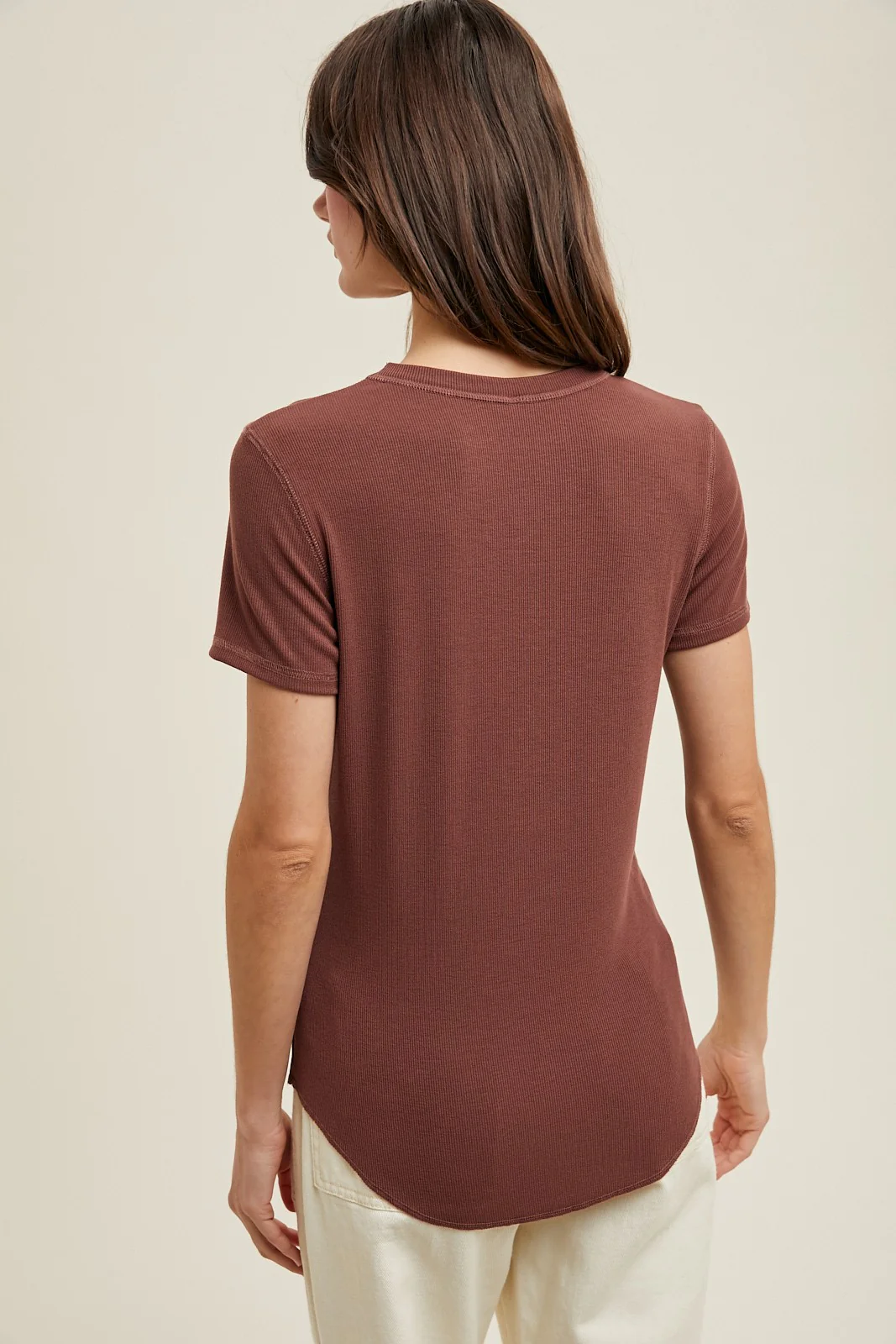 Brown Ribbed Short Sleeve Curved Hem Top - Image 3