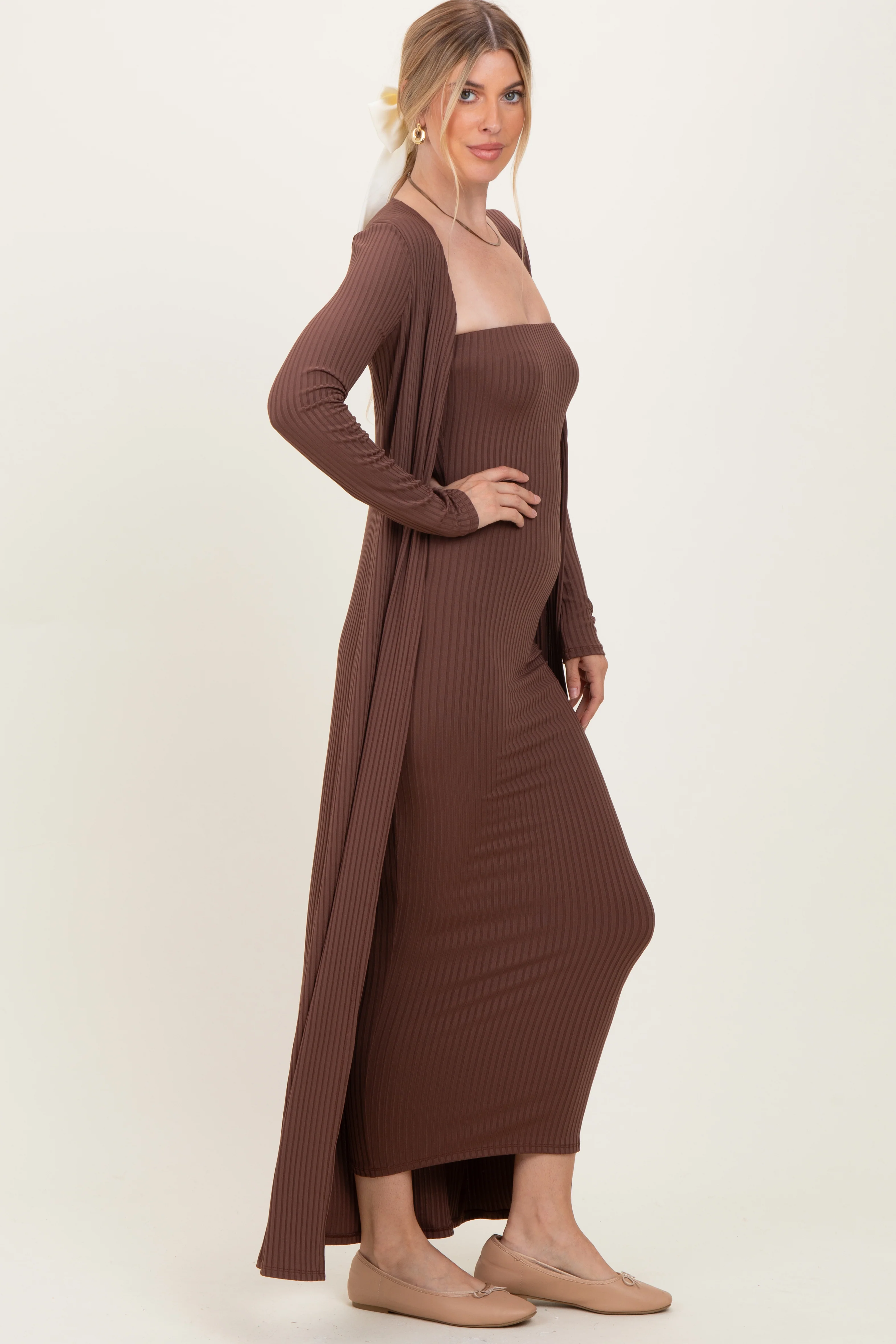 Brown Ribbed Sleeveless Dress Cardigan Set - Image 3